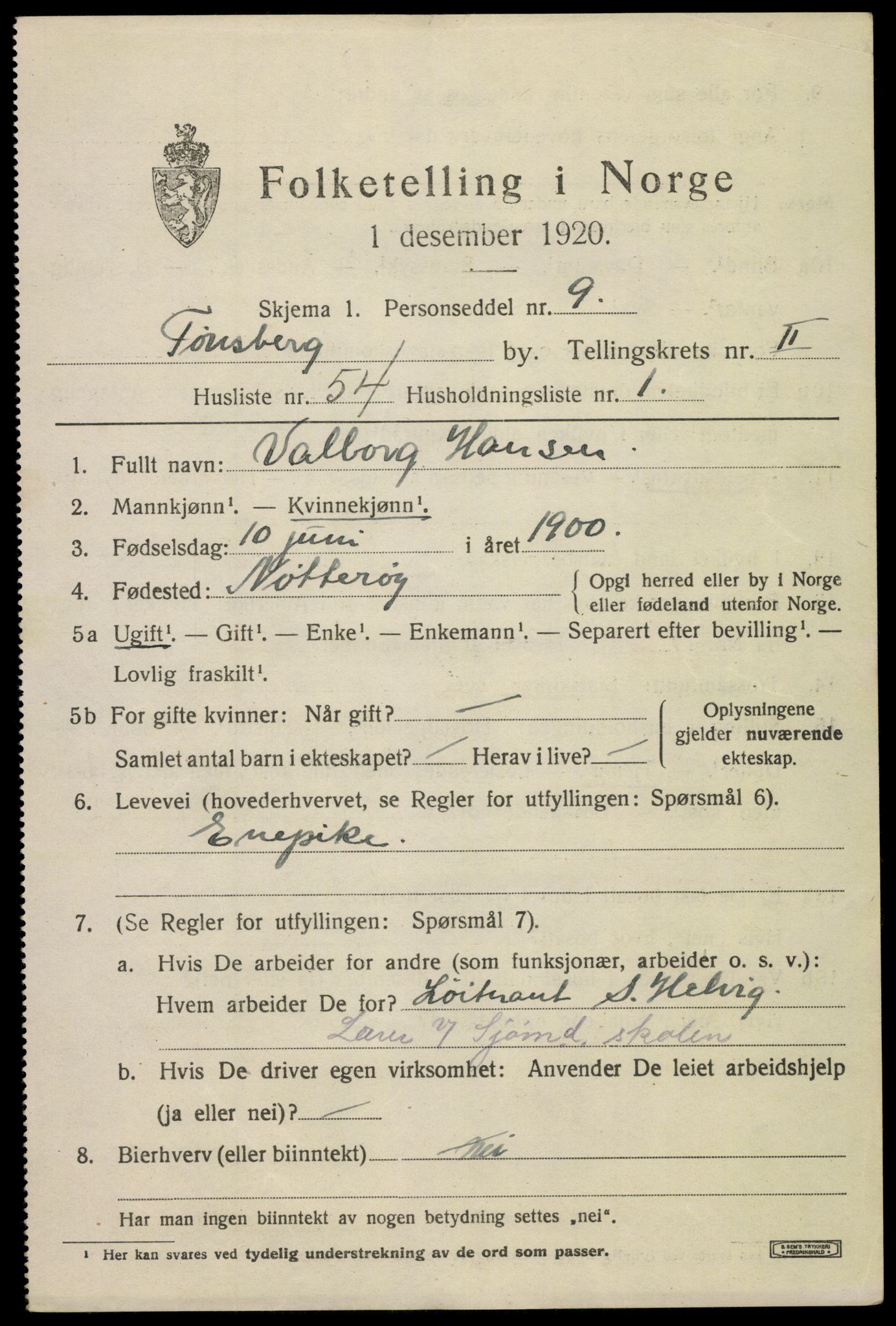 SAKO, 1920 census for Tønsberg, 1920, p. 10869