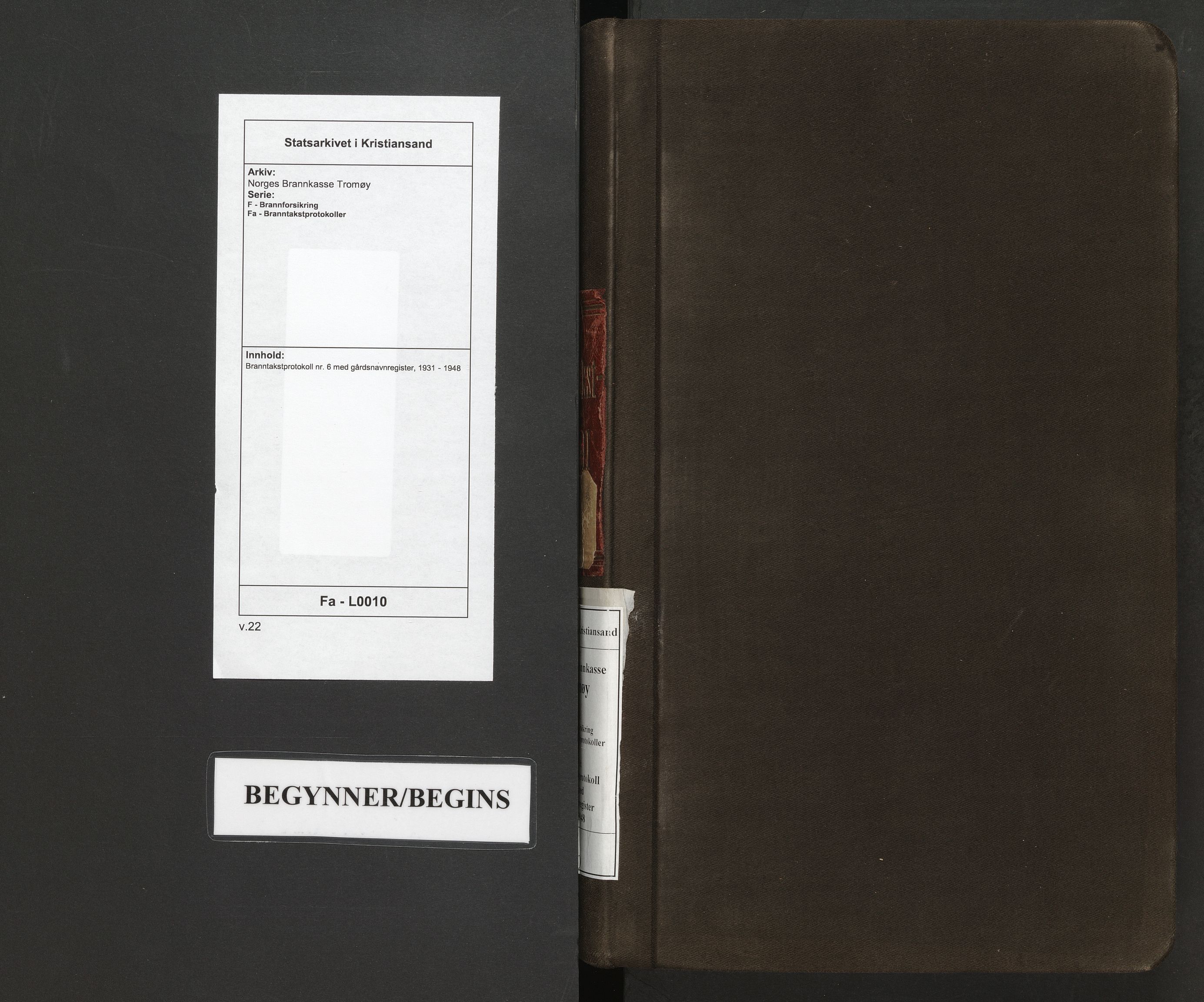 Norges Brannkasse Tromøy, SAK/2241-0049/F/Fa/L0010: Branntakstprotokoll nr. 6 med gårdsnavnregister, 1931-1948