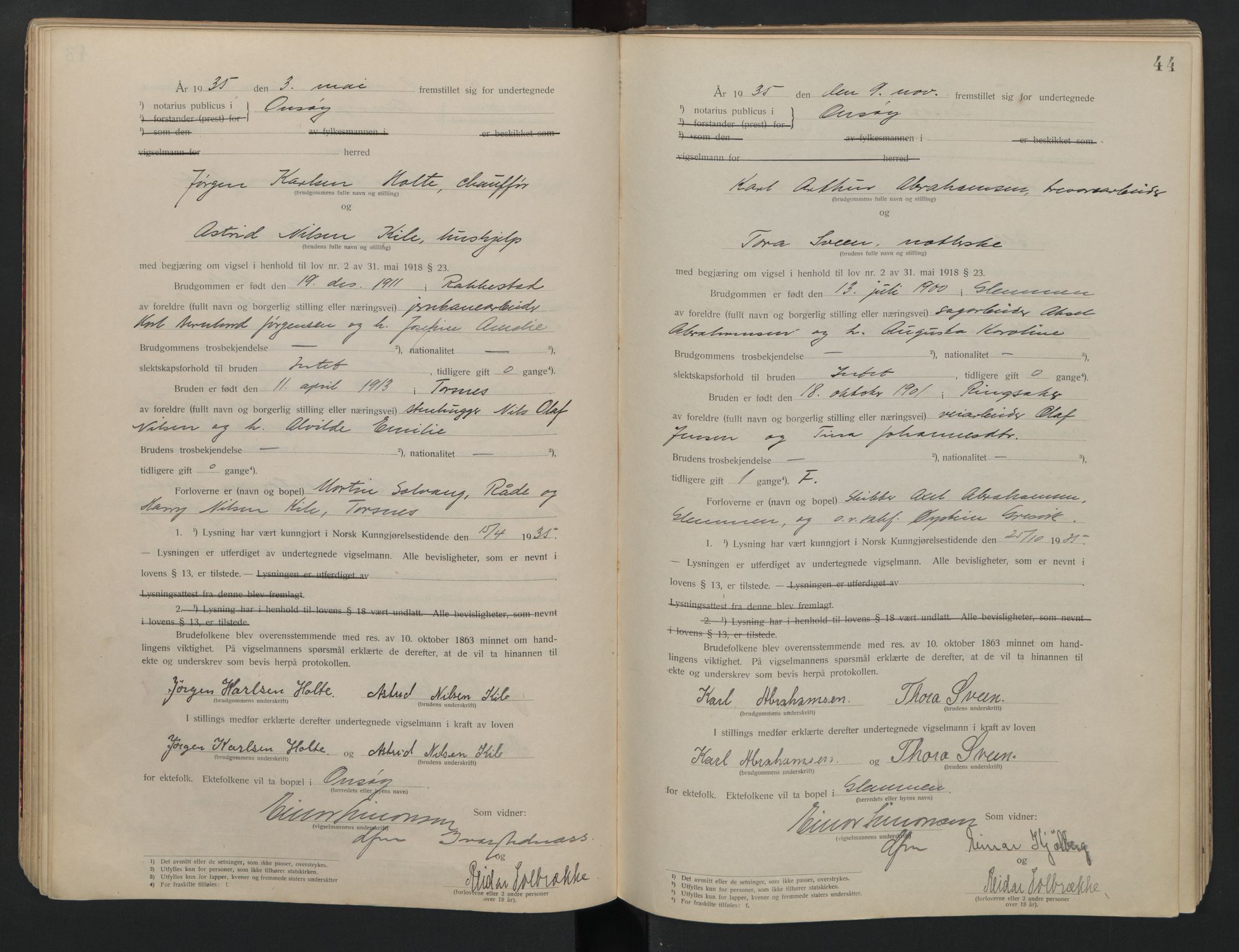 Onsøy sorenskriveri, AV/SAO-A-10474/L/La/L0001: Vigselsbok, 1920-1942, p. 44