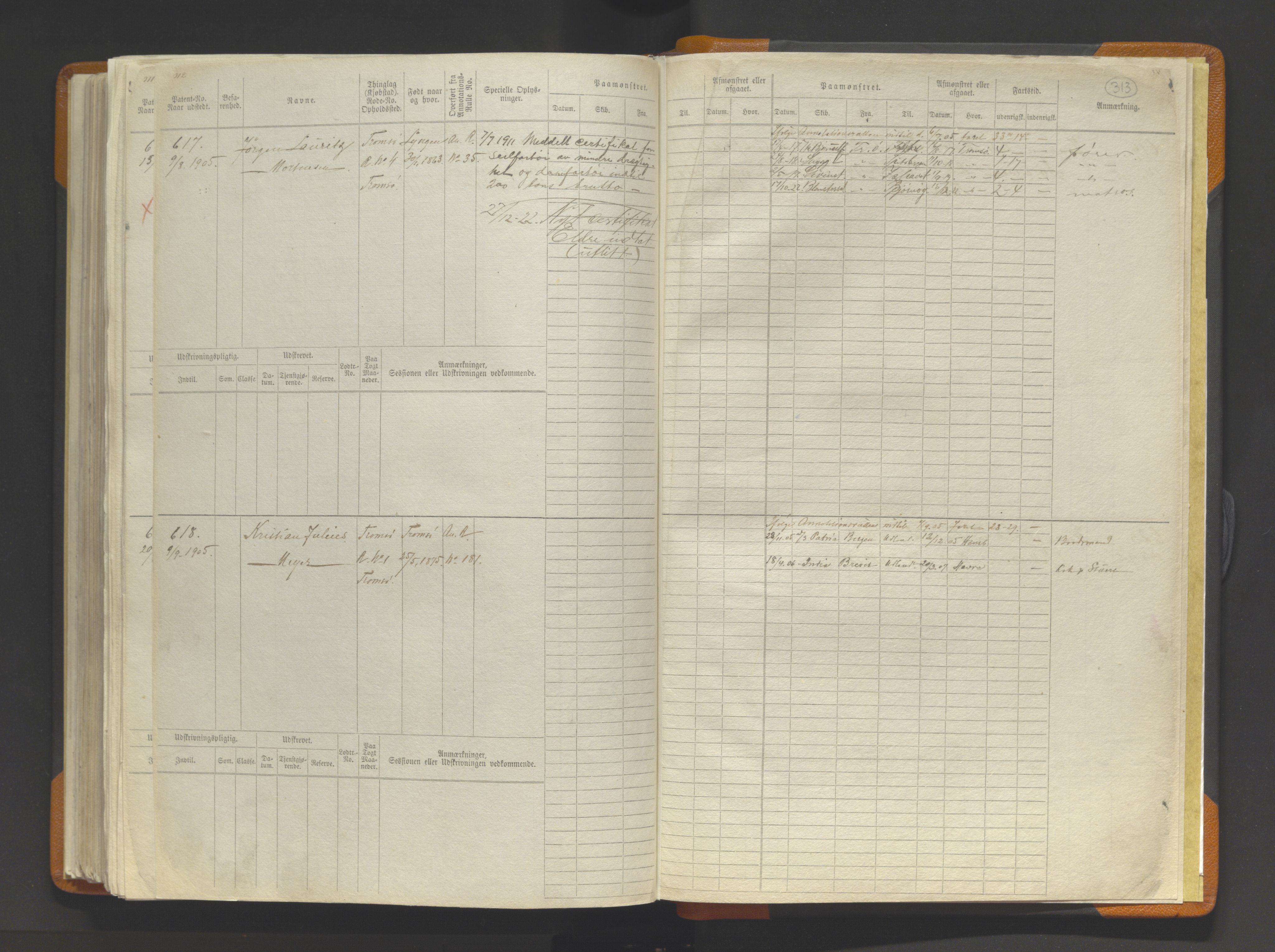 Tromsø sjømannskontor/innrullerings-/mønstringsdistrikt, AV/SATØ-S-0243/F/Fb/L0014: Sjøfartsrulle (hovedrulle). Nr. 1-620, 1868-1906, p. 313