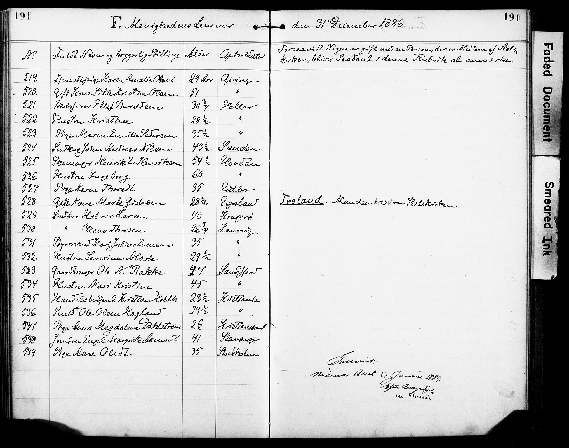 Den evangelisk-lutherske frimenighet, Arendal, AV/SAK-1292-0005/F/Fa/L0002: Dissenter register no. F 6, 1884-1908, p. 191