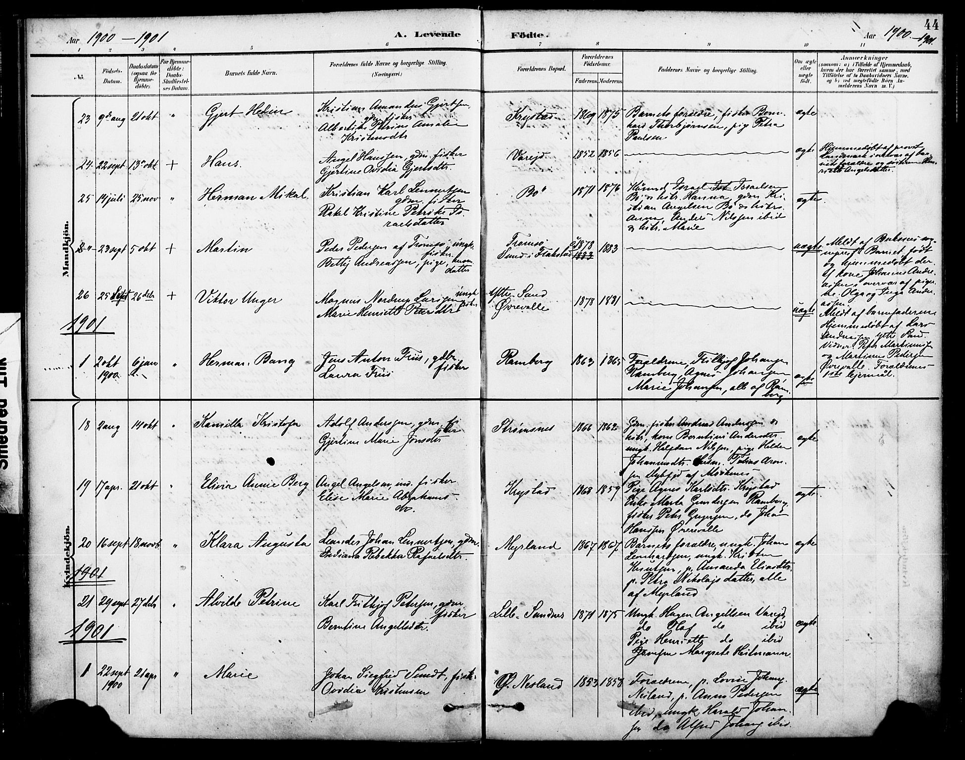 Ministerialprotokoller, klokkerbøker og fødselsregistre - Nordland, SAT/A-1459/885/L1205: Parish register (official) no. 885A06, 1892-1905, p. 44