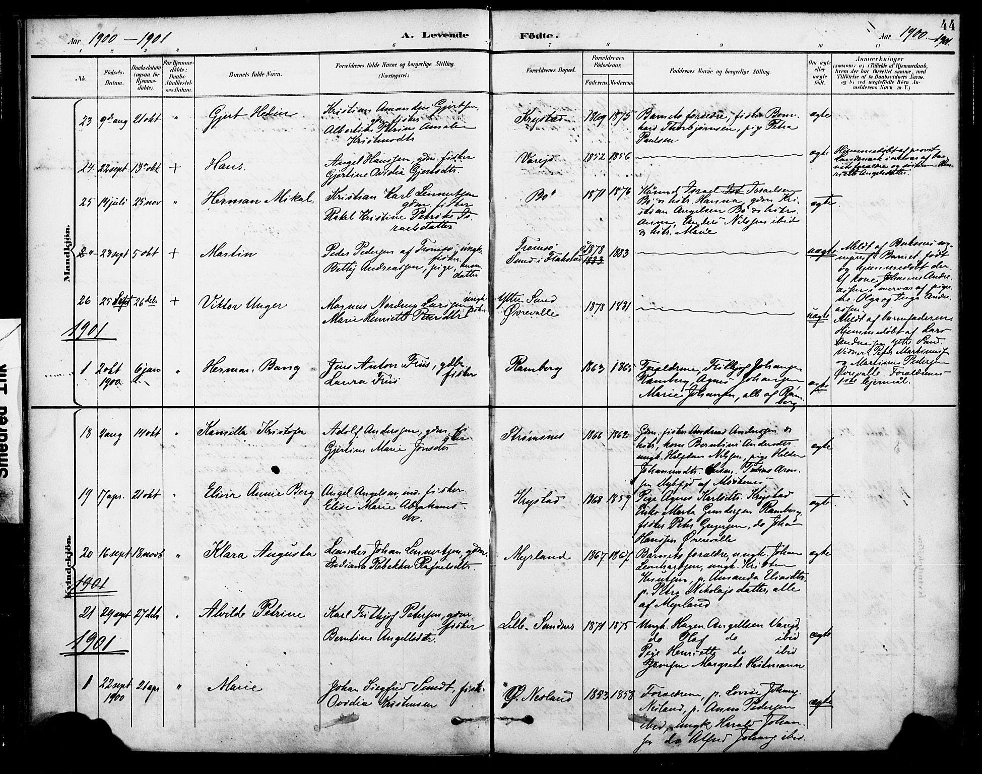 Ministerialprotokoller, klokkerbøker og fødselsregistre - Nordland, AV/SAT-A-1459/885/L1205: Parish register (official) no. 885A06, 1892-1905, p. 44