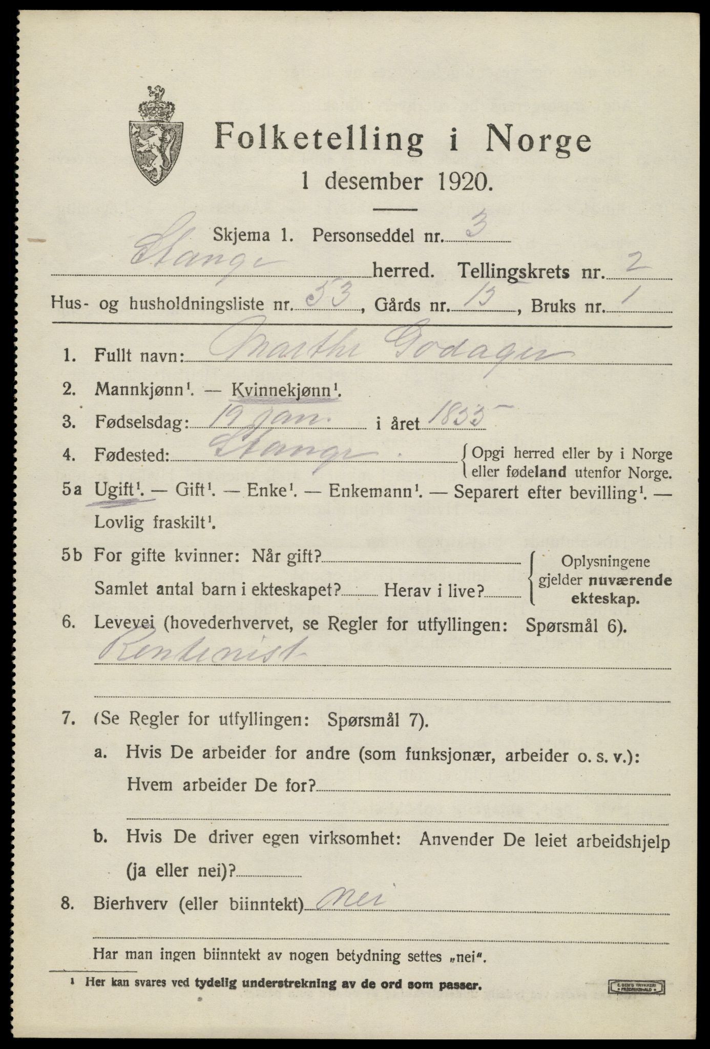 SAH, 1920 census for Stange, 1920, p. 4761