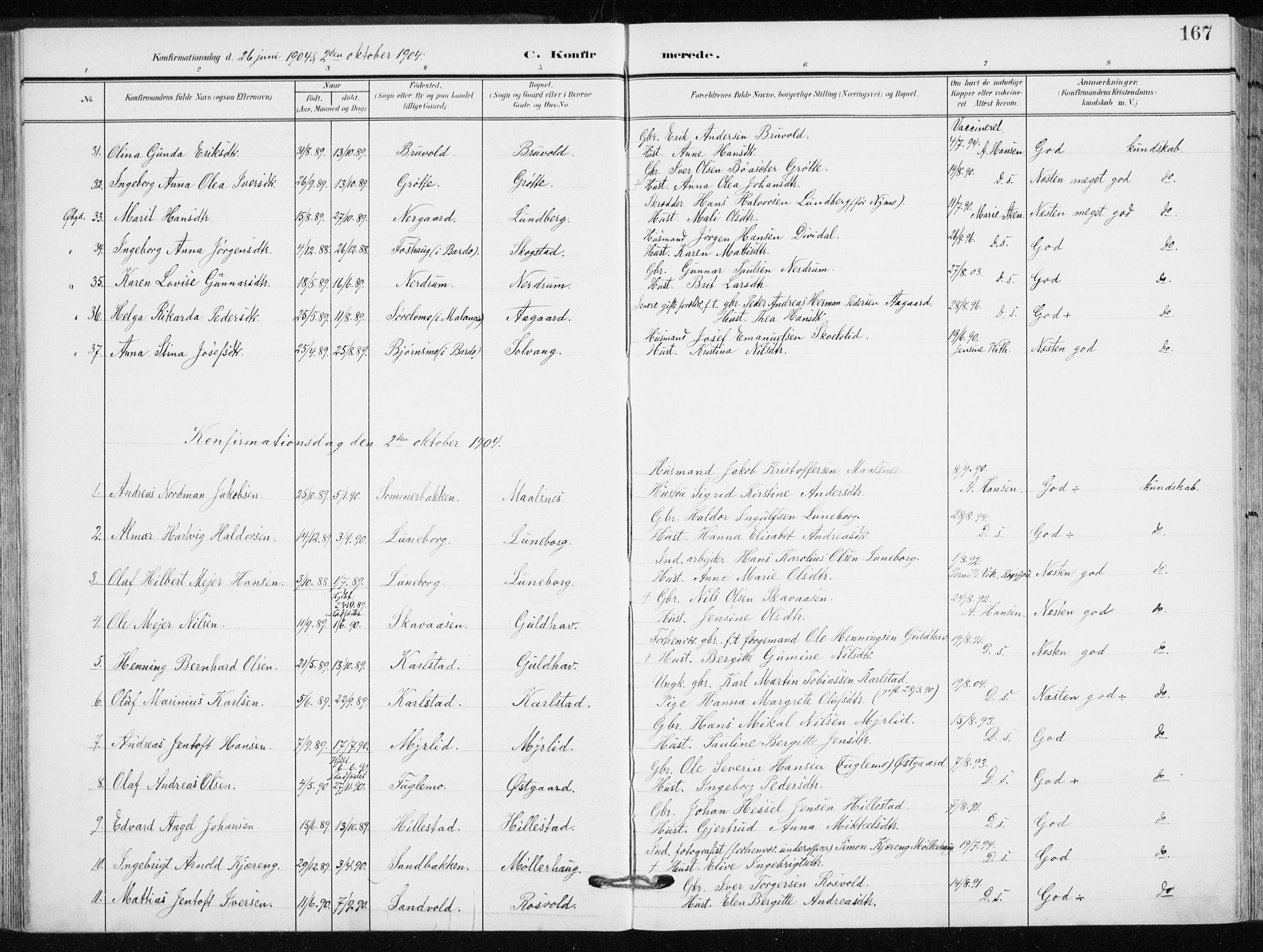 Målselv sokneprestembete, AV/SATØ-S-1311/G/Ga/Gaa/L0011kirke: Parish register (official) no. 11, 1904-1918, p. 167