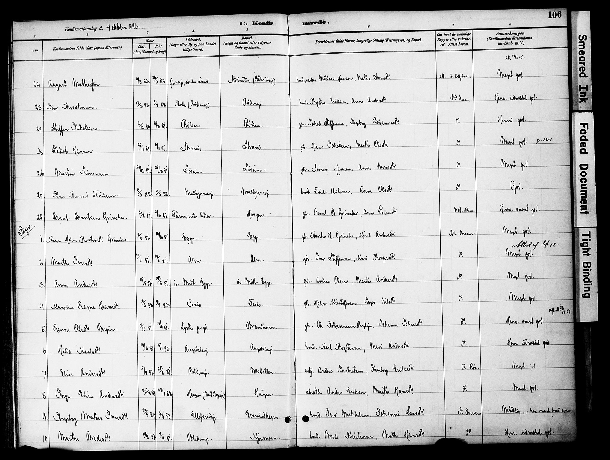 Gran prestekontor, AV/SAH-PREST-112/H/Ha/Haa/L0020: Parish register (official) no. 20, 1889-1899, p. 106