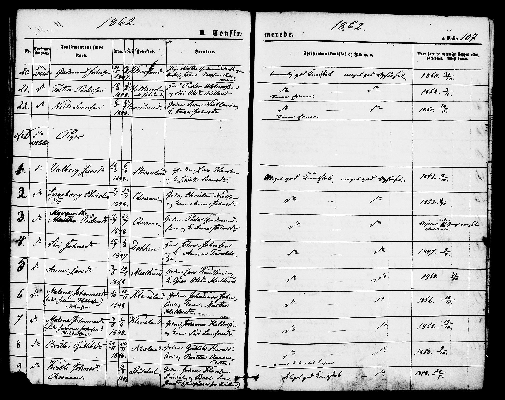 Hjelmeland sokneprestkontor, AV/SAST-A-101843/01/IV/L0011: Parish register (official) no. A 11, 1861-1878, p. 107