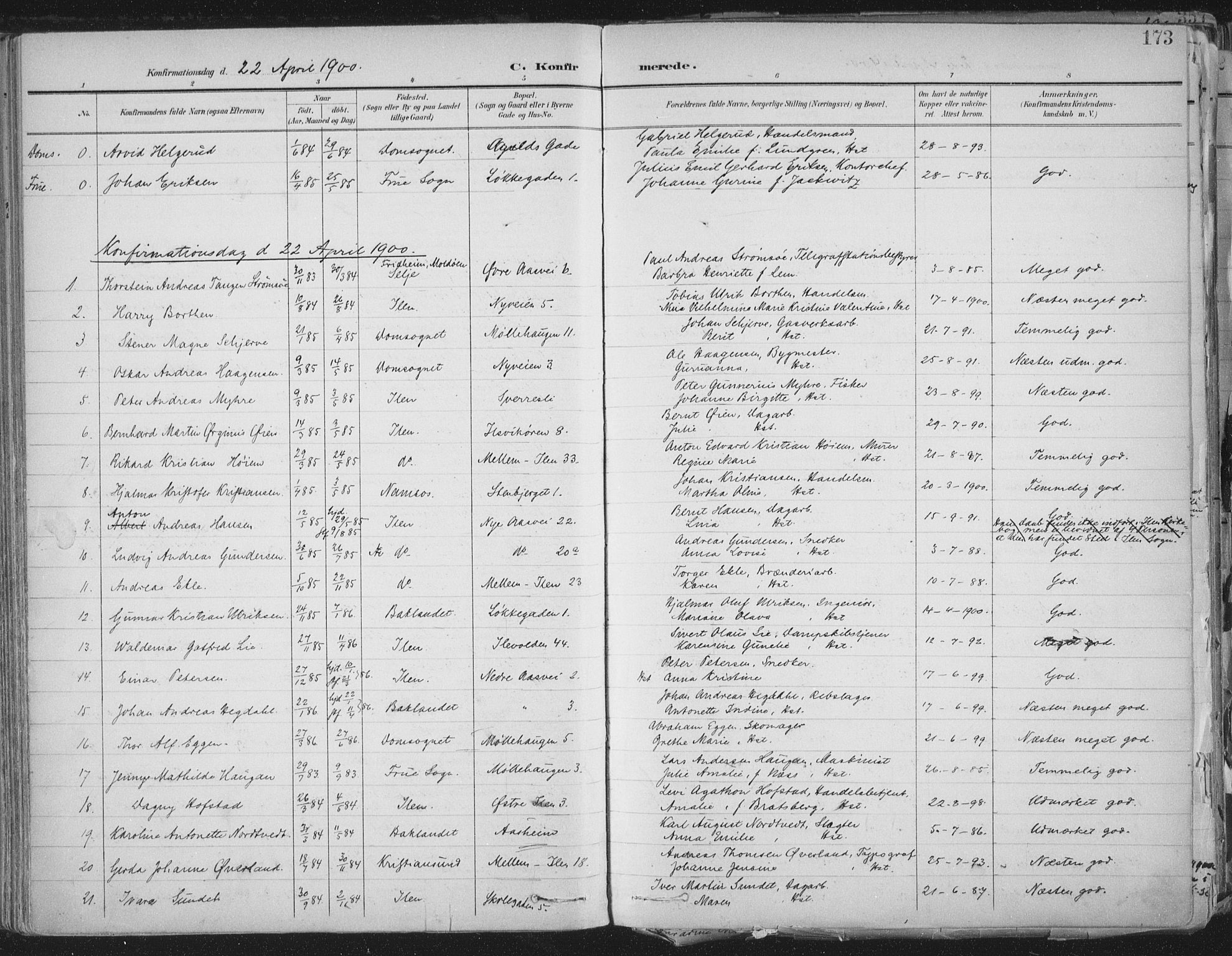 Ministerialprotokoller, klokkerbøker og fødselsregistre - Sør-Trøndelag, SAT/A-1456/603/L0167: Parish register (official) no. 603A06, 1896-1932, p. 173