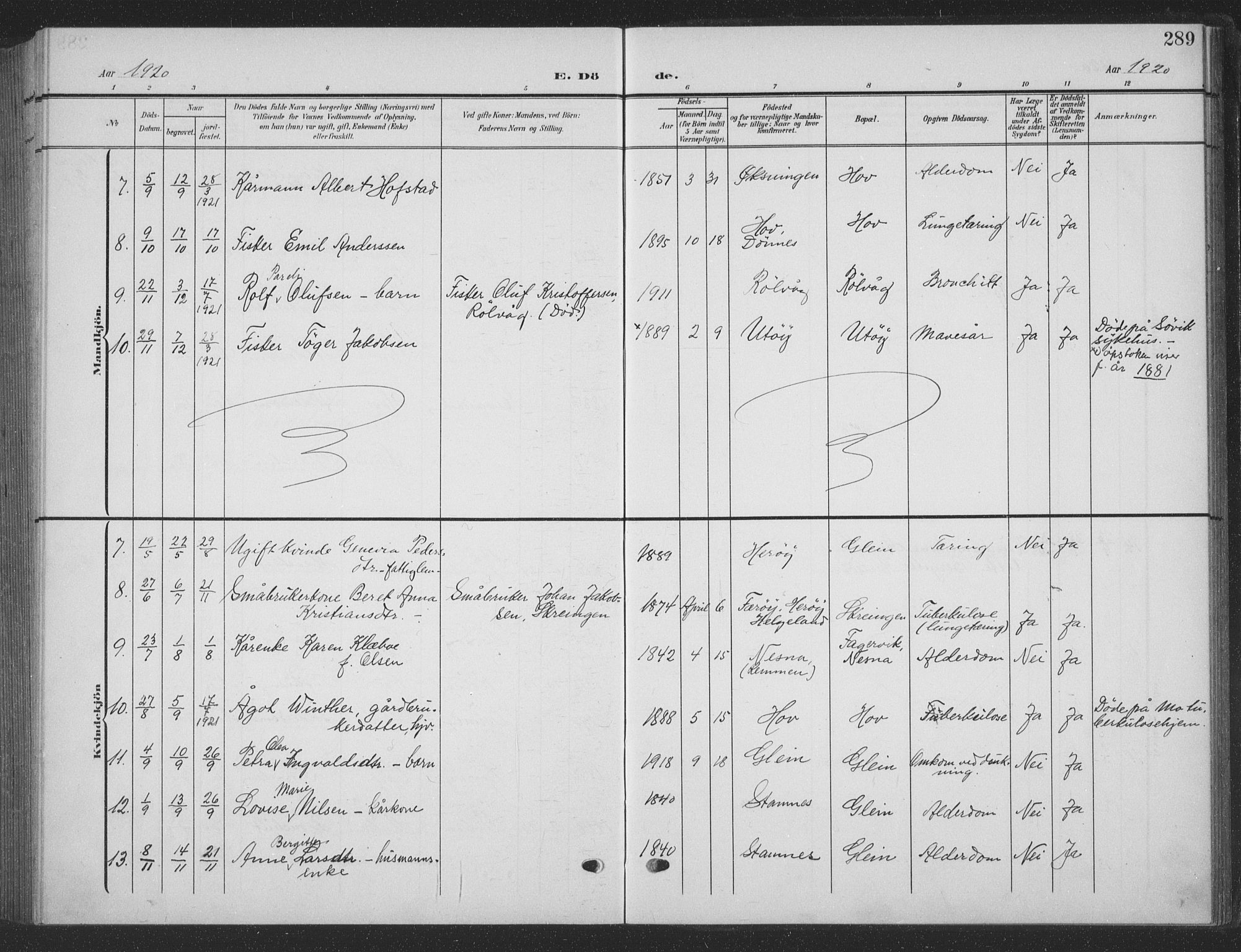 Ministerialprotokoller, klokkerbøker og fødselsregistre - Nordland, AV/SAT-A-1459/835/L0533: Parish register (copy) no. 835C05, 1906-1939, p. 289