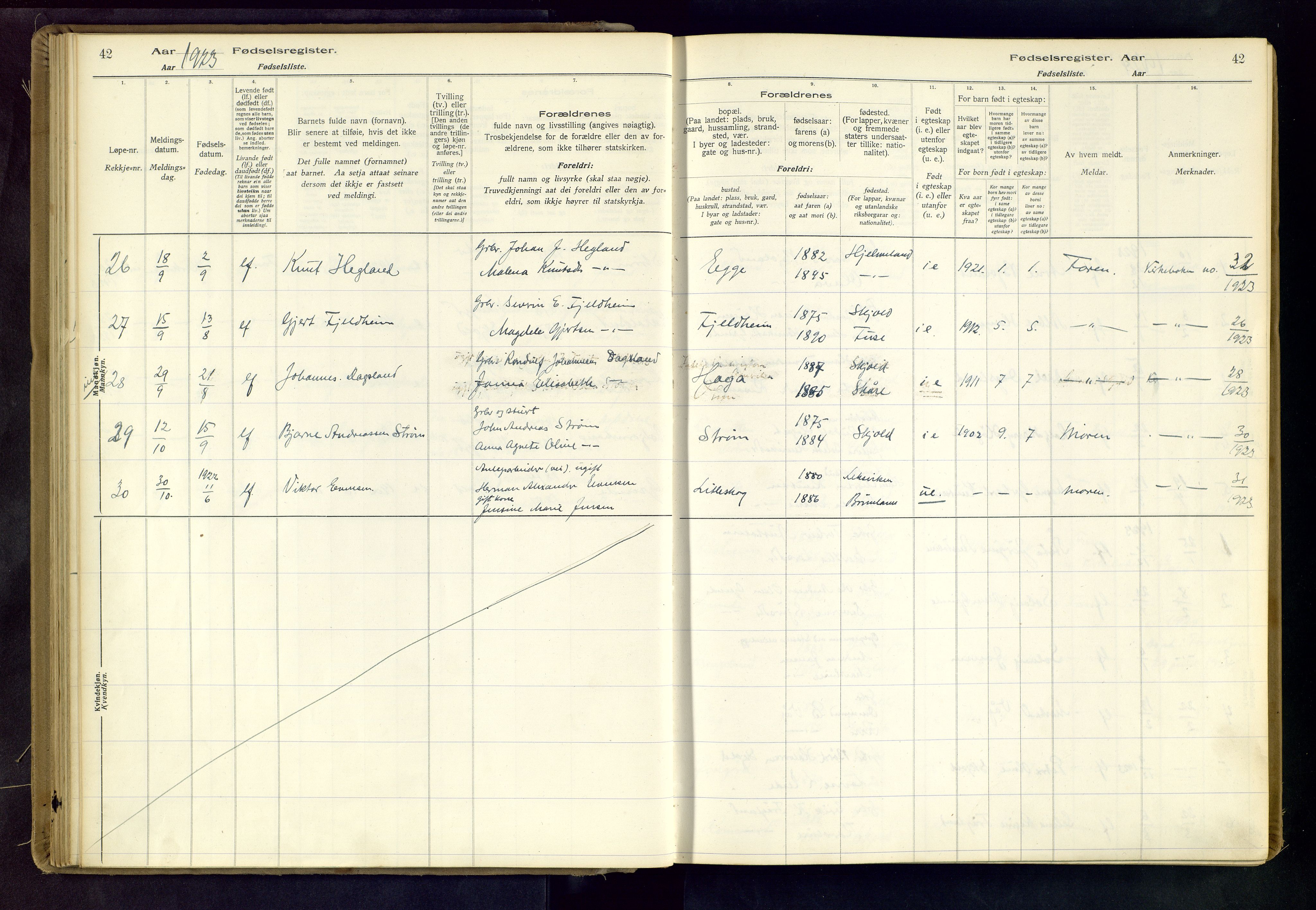 Skjold sokneprestkontor, AV/SAST-A-101847/I/Id/L0001: Birth register no. 1, 1917-1951, p. 42