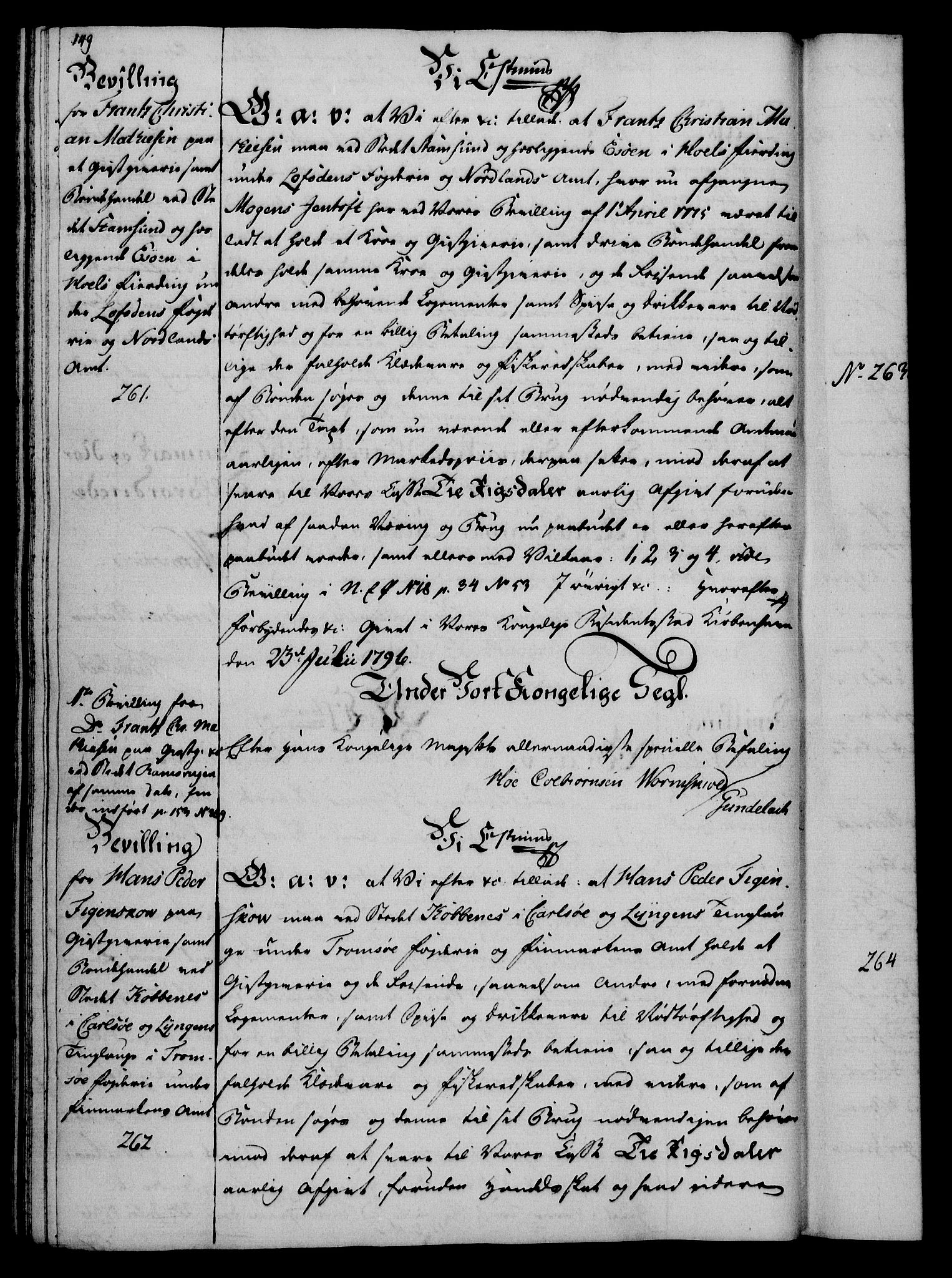 Rentekammeret, Kammerkanselliet, AV/RA-EA-3111/G/Gg/Gga/L0016: Norsk ekspedisjonsprotokoll med register (merket RK 53.16), 1794-1800, p. 149