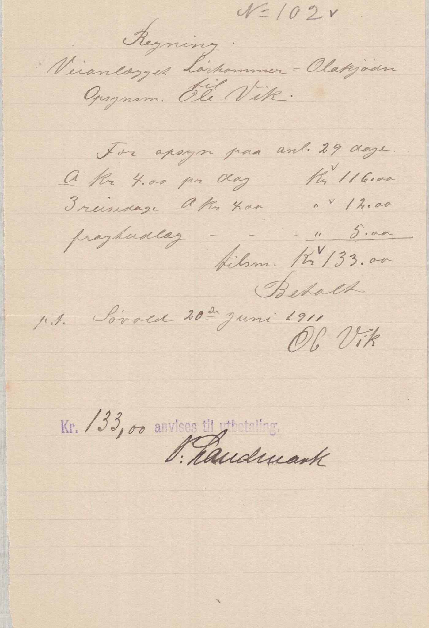 Finnaas kommune. Formannskapet, IKAH/1218a-021/E/Ea/L0001/0003: Rekneskap for veganlegg / Rekneskap for veganlegget Laurhammer - Olakjødn, 1909-1911, p. 70