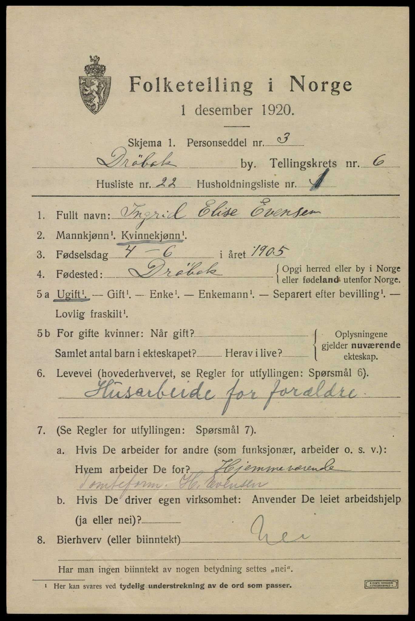 SAO, 1920 census for Drøbak, 1920, p. 5235