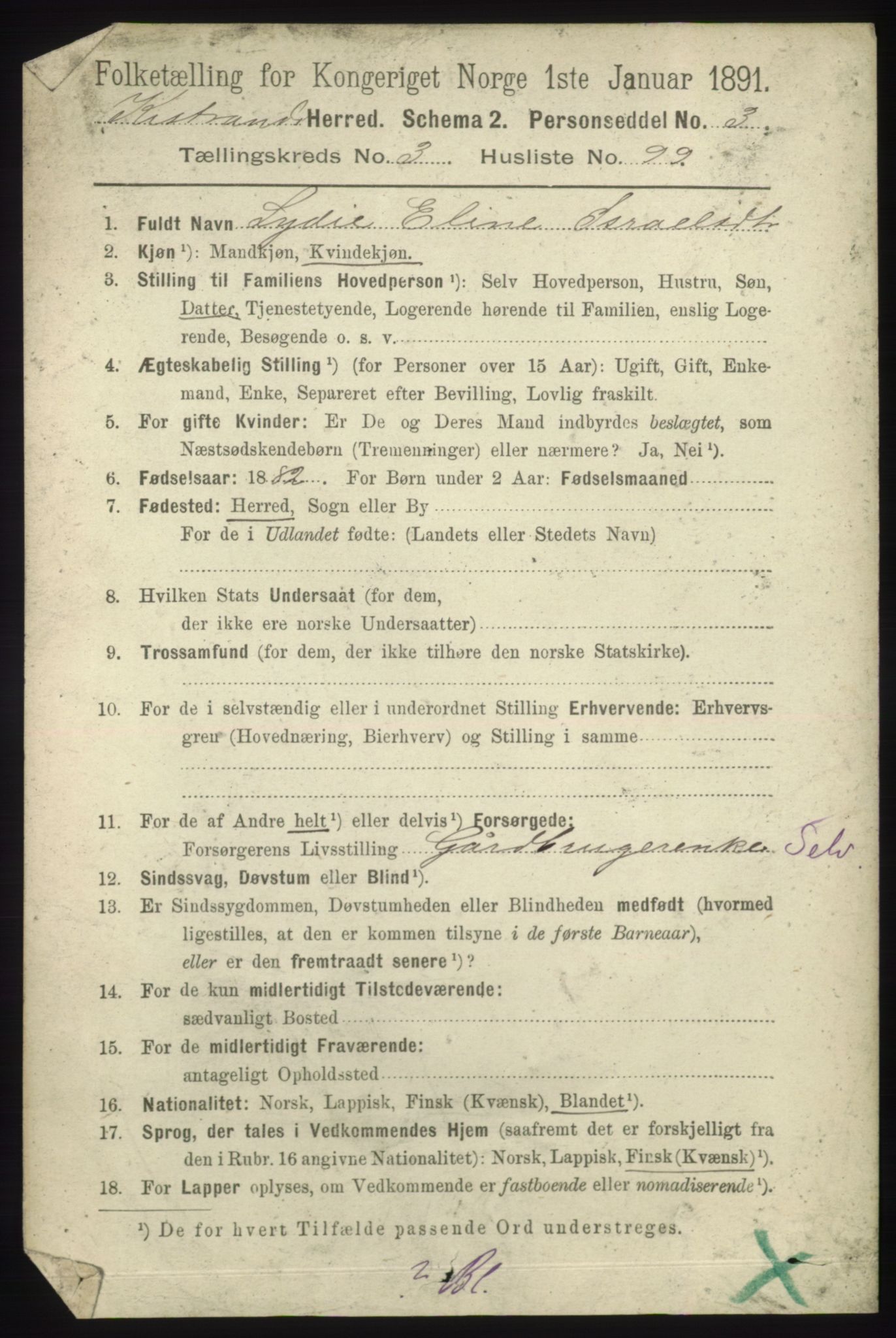 RA, 1891 census for 2020 Kistrand, 1891, p. 1883