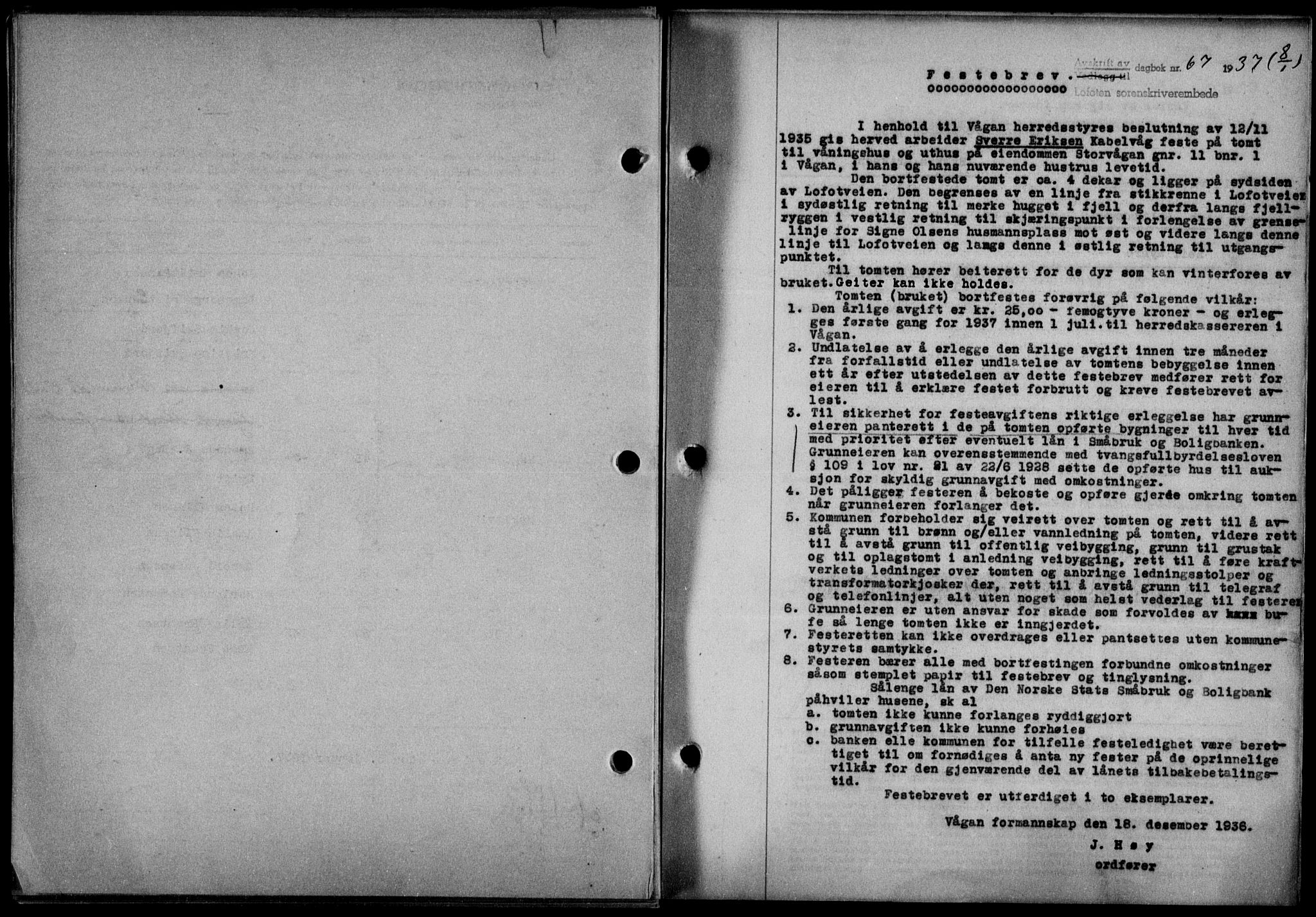 Lofoten sorenskriveri, SAT/A-0017/1/2/2C/L0001a: Mortgage book no. 1a, 1936-1937, Diary no: : 67/1937