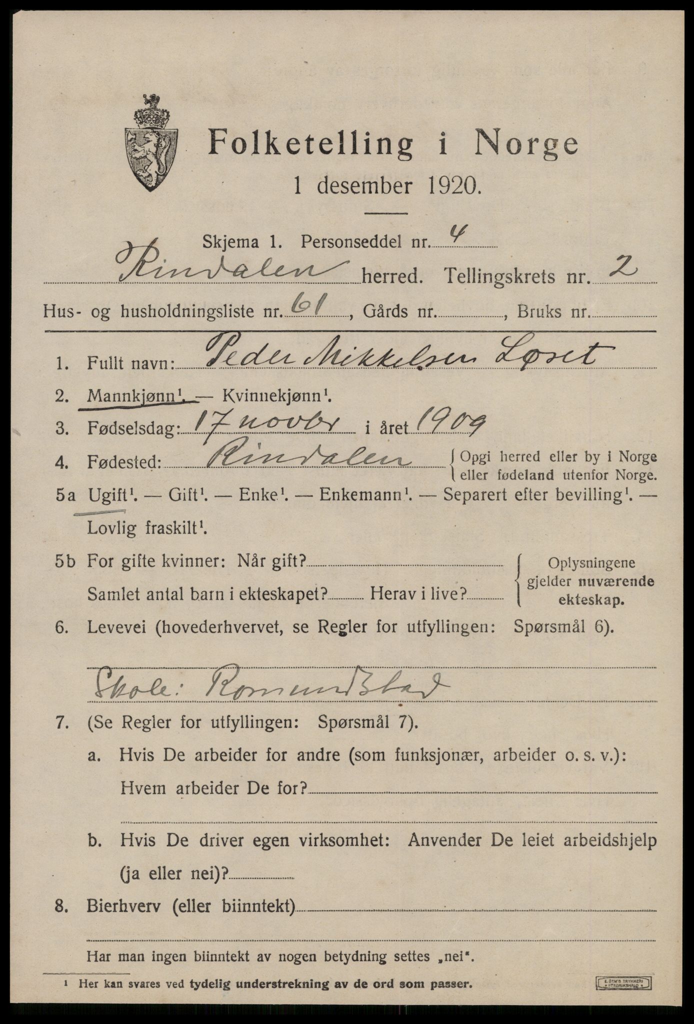 SAT, 1920 census for Rindal, 1920, p. 1598