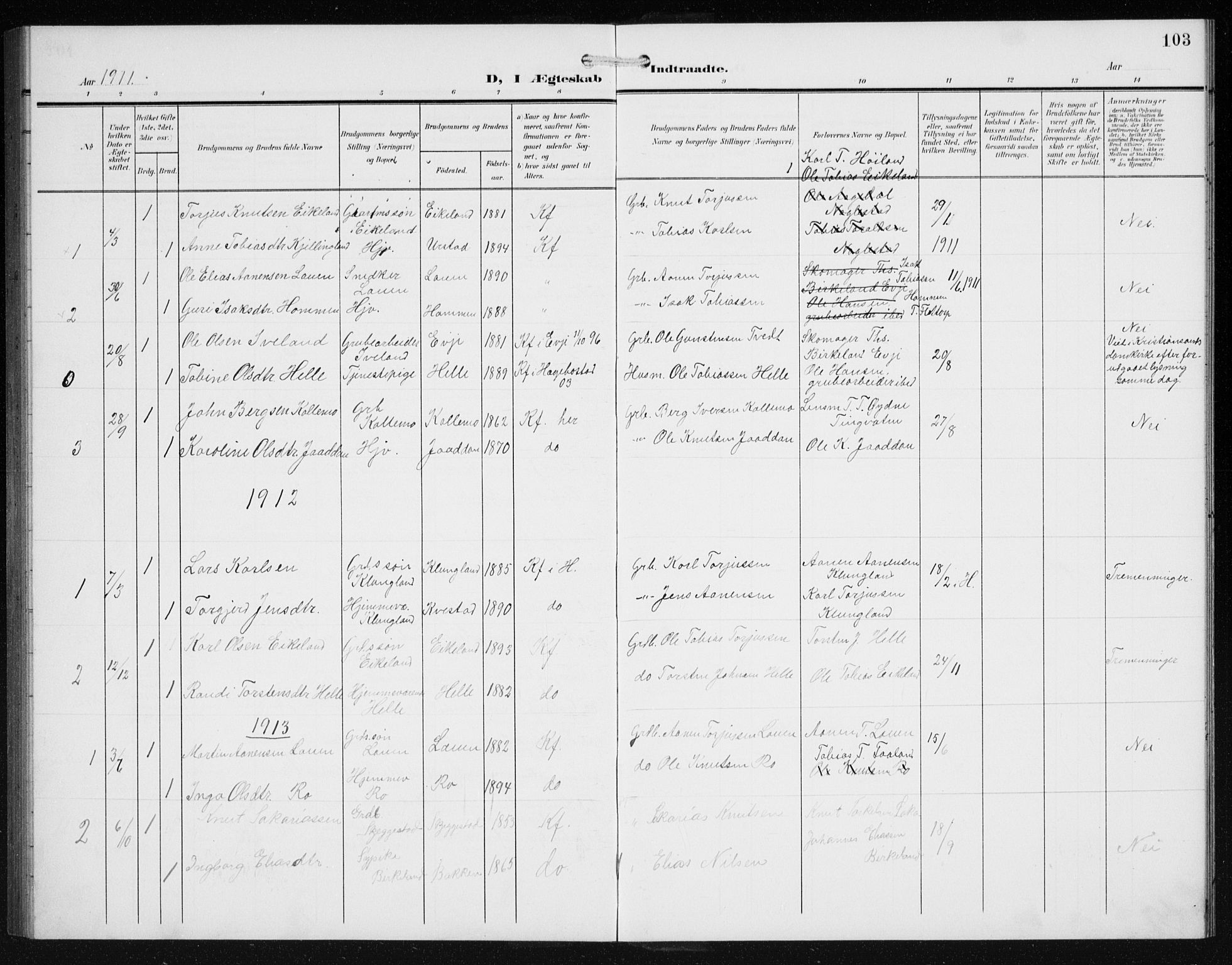 Hægebostad sokneprestkontor, SAK/1111-0024/F/Fb/Fba/L0005: Parish register (copy) no. B 5, 1907-1931, p. 103
