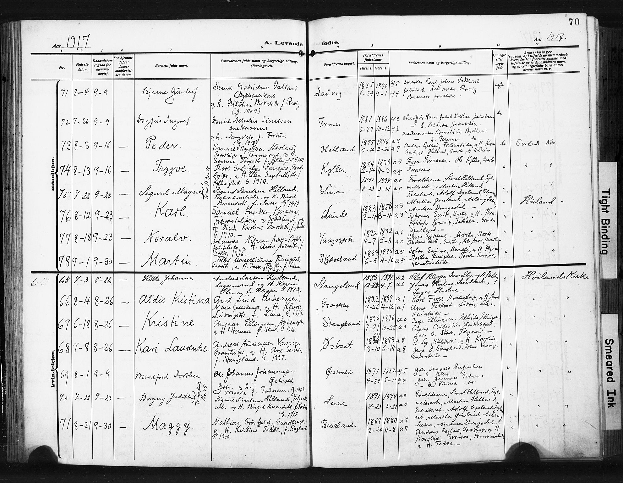 Høyland sokneprestkontor, AV/SAST-A-101799/001/30BA/L0017: Parish register (official) no. A 15, 1912-1924, p. 70