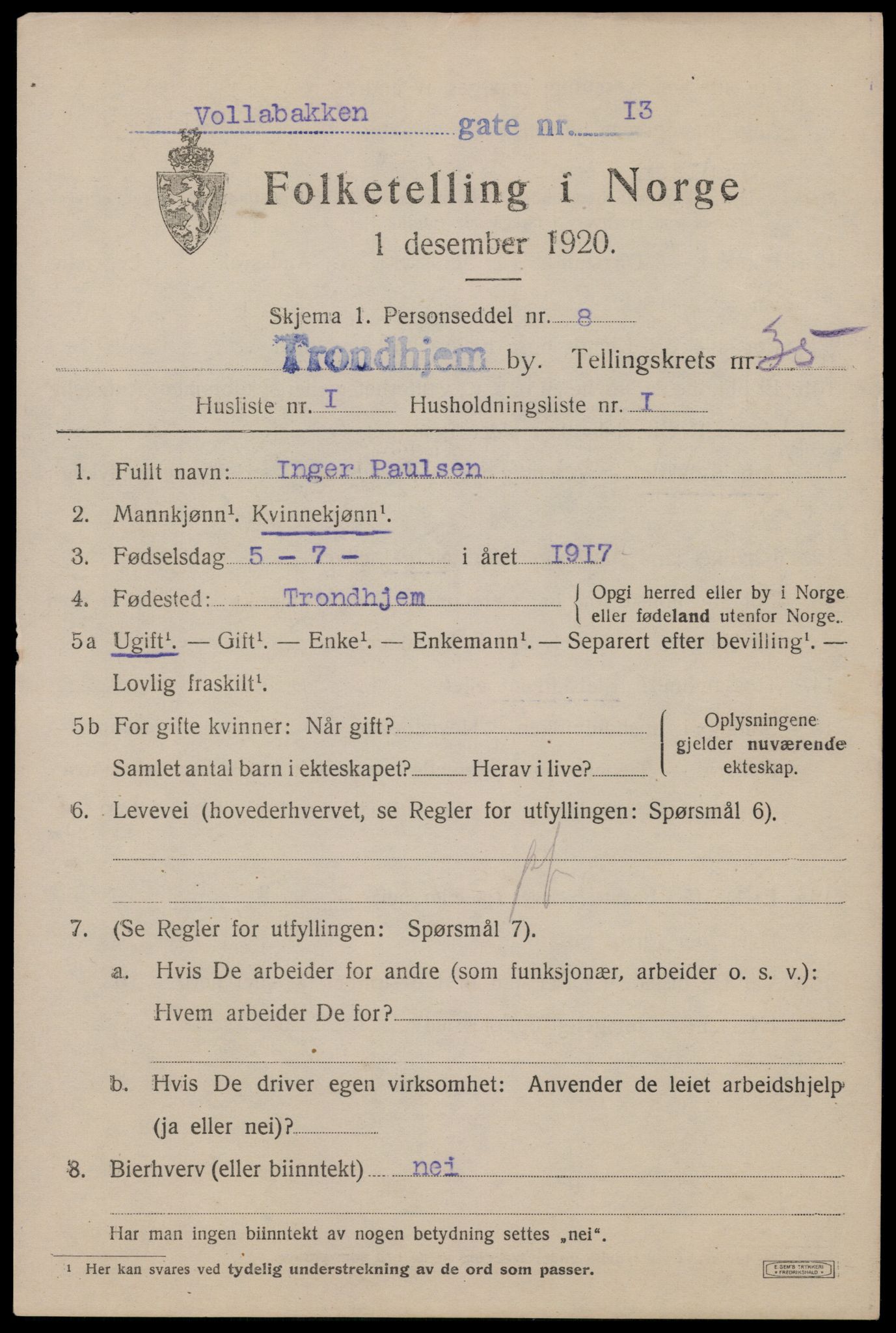 SAT, 1920 census for Trondheim, 1920, p. 82846