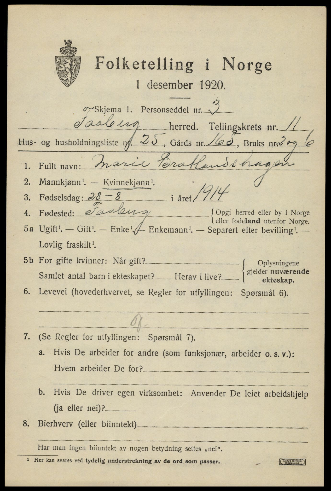 SAH, 1920 census for Fåberg, 1920, p. 12126