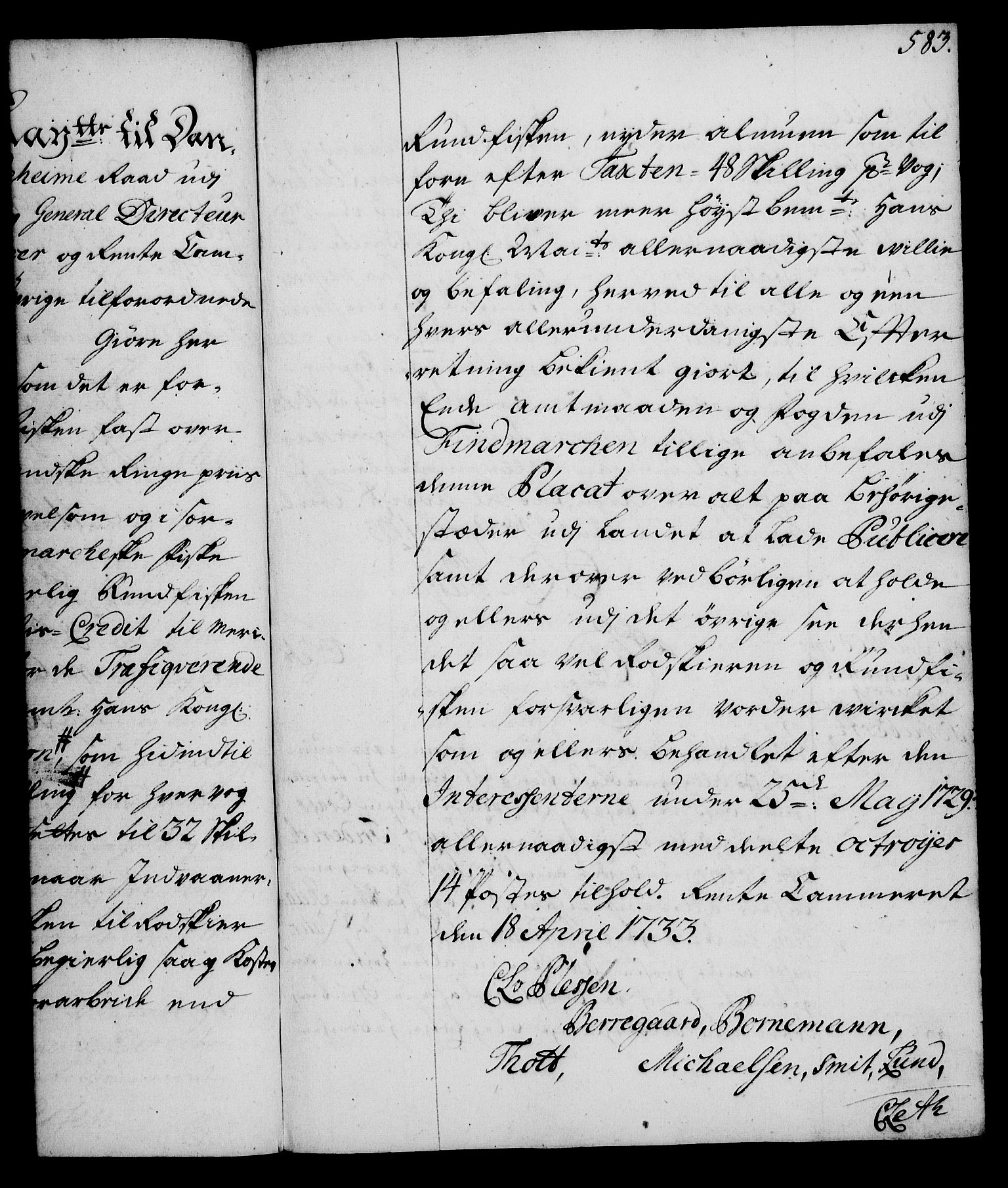 Rentekammeret, Kammerkanselliet, RA/EA-3111/G/Gg/Gga/L0003: Norsk ekspedisjonsprotokoll med register (merket RK 53.3), 1727-1734, p. 583