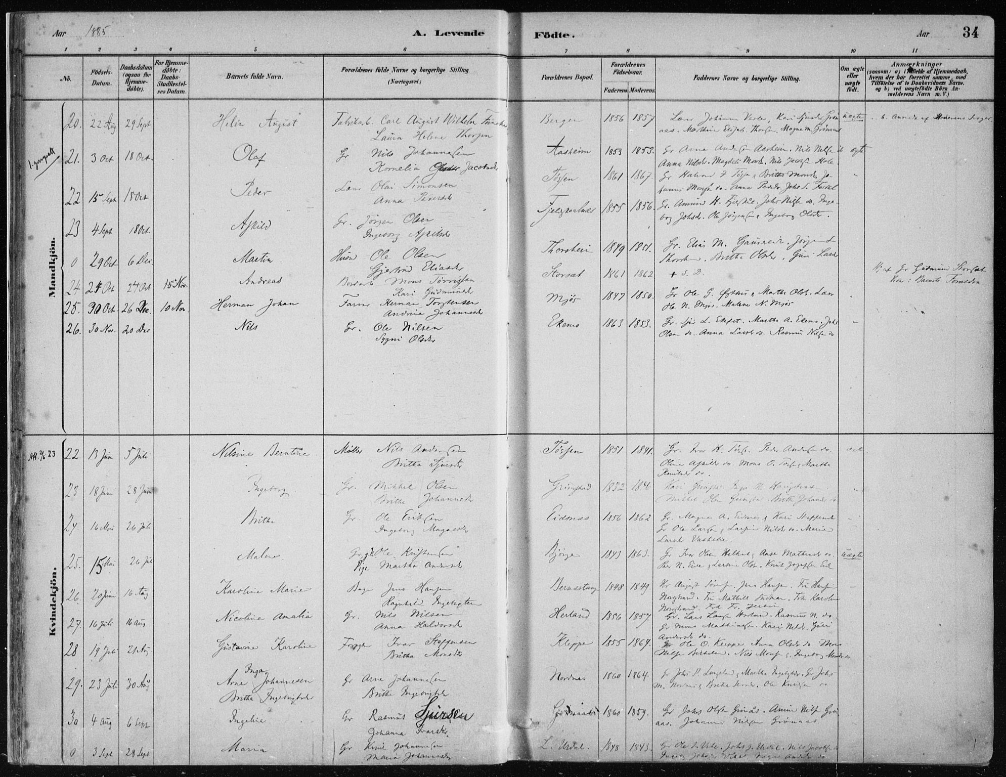 Hosanger sokneprestembete, AV/SAB-A-75801/H/Haa: Parish register (official) no. B  1, 1880-1896, p. 34