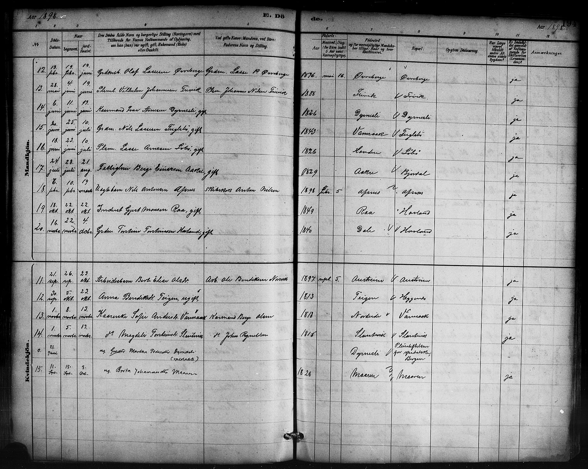 Lavik sokneprestembete, SAB/A-80901: Parish register (copy) no. B 3, 1882-1913, p. 194