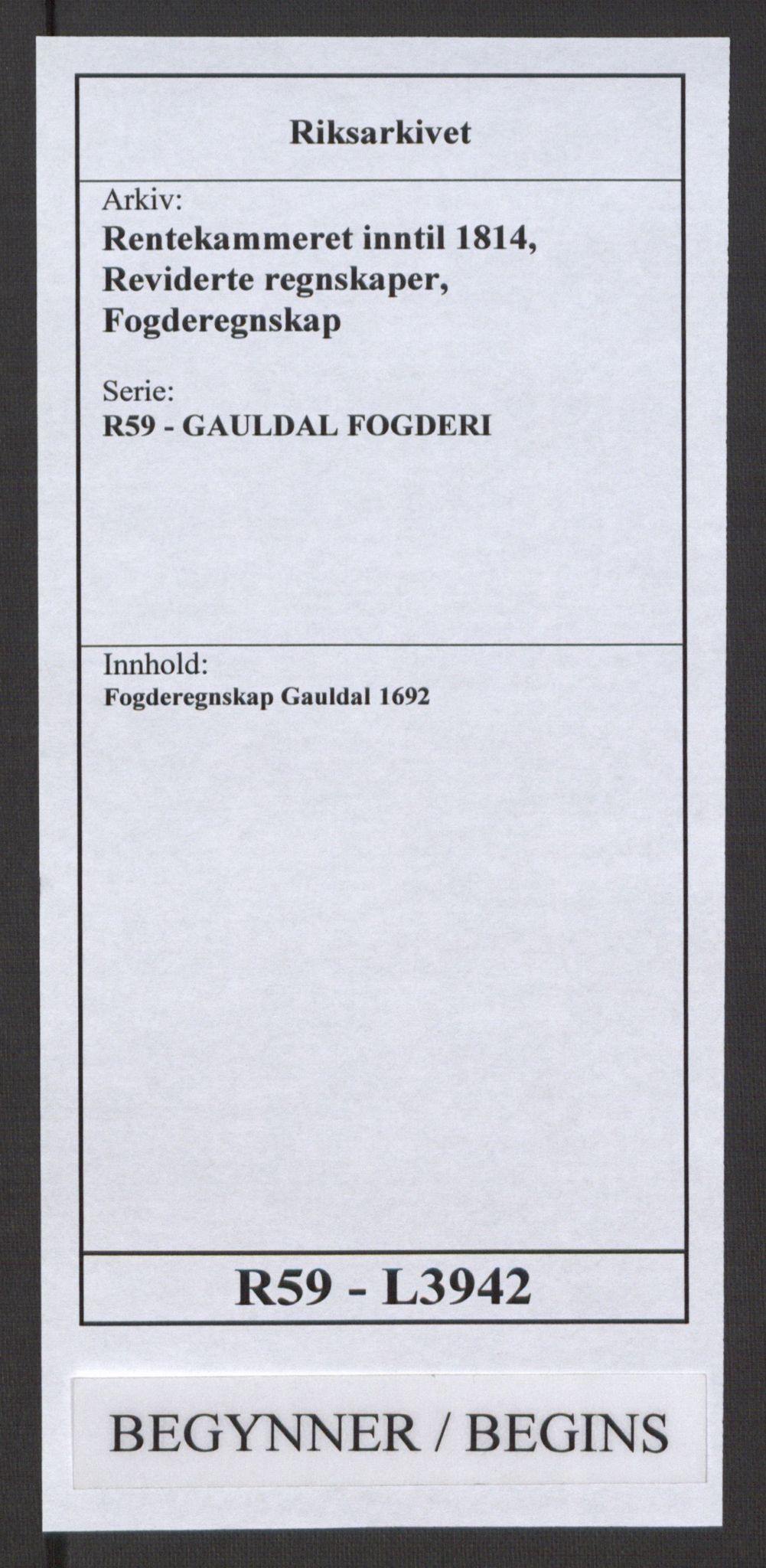 Rentekammeret inntil 1814, Reviderte regnskaper, Fogderegnskap, RA/EA-4092/R59/L3942: Fogderegnskap Gauldal, 1692, p. 1