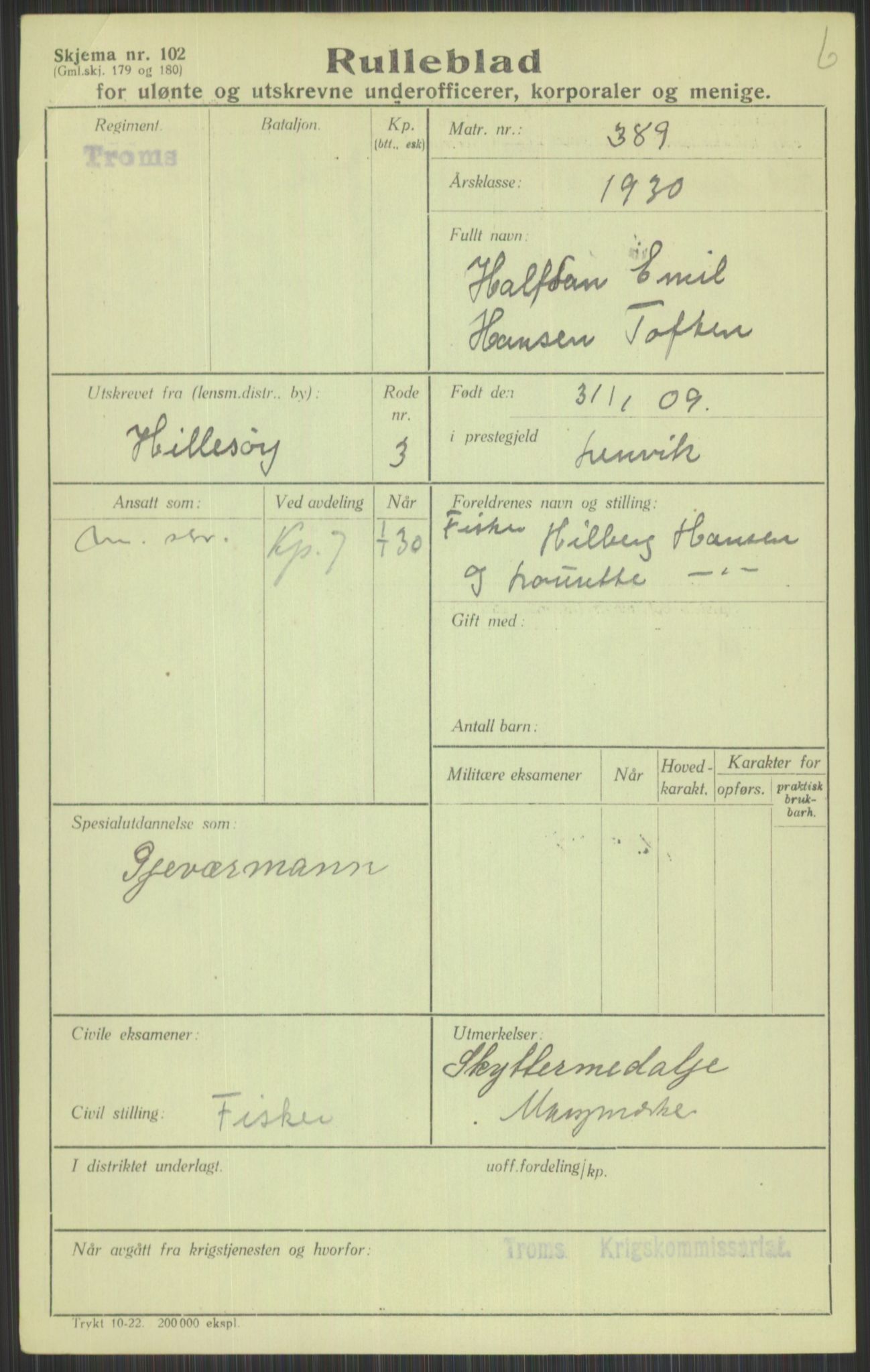 Forsvaret, Troms infanteriregiment nr. 16, AV/RA-RAFA-3146/P/Pa/L0014: Rulleblad for regimentets menige mannskaper, årsklasse 1930, 1930, p. 1049