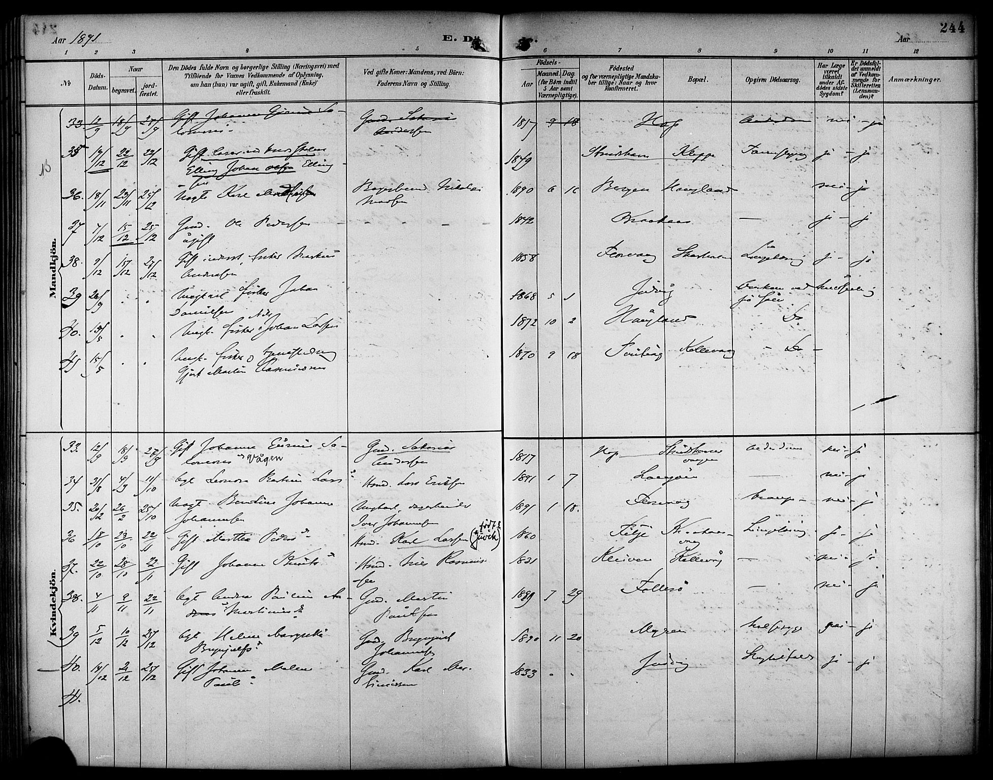 Askøy Sokneprestembete, AV/SAB-A-74101/H/Ha/Haa/Haab/L0002: Parish register (official) no. B 2, 1889-1902, p. 244