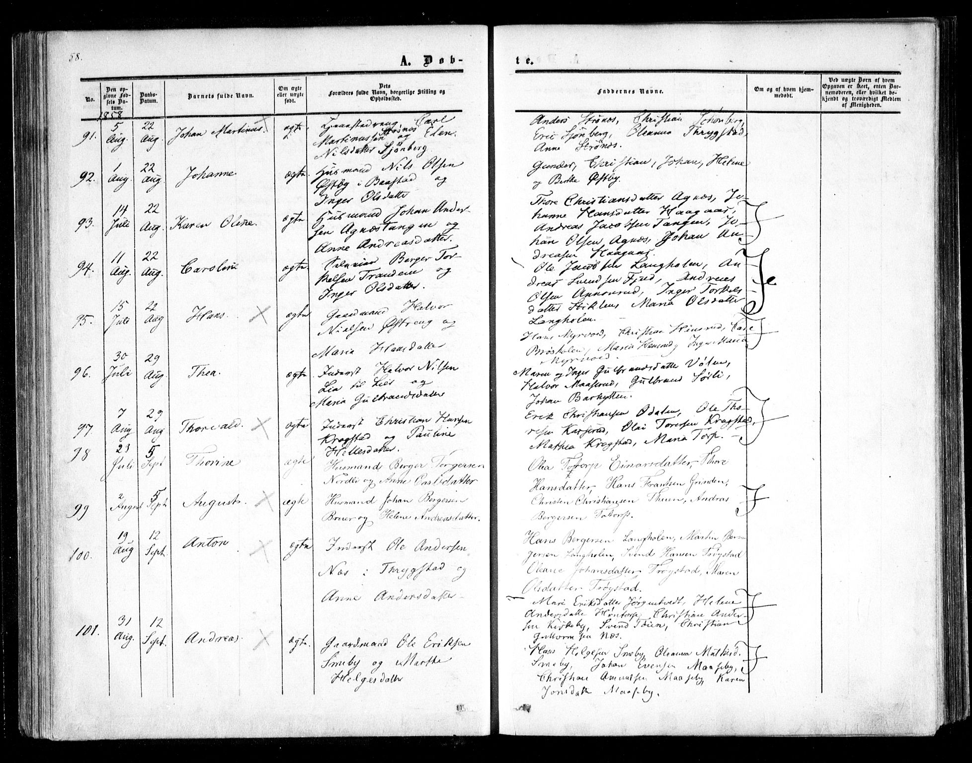 Trøgstad prestekontor Kirkebøker, AV/SAO-A-10925/F/Fa/L0008.a: Parish register (official) no. I 8A, 1855-1864, p. 58