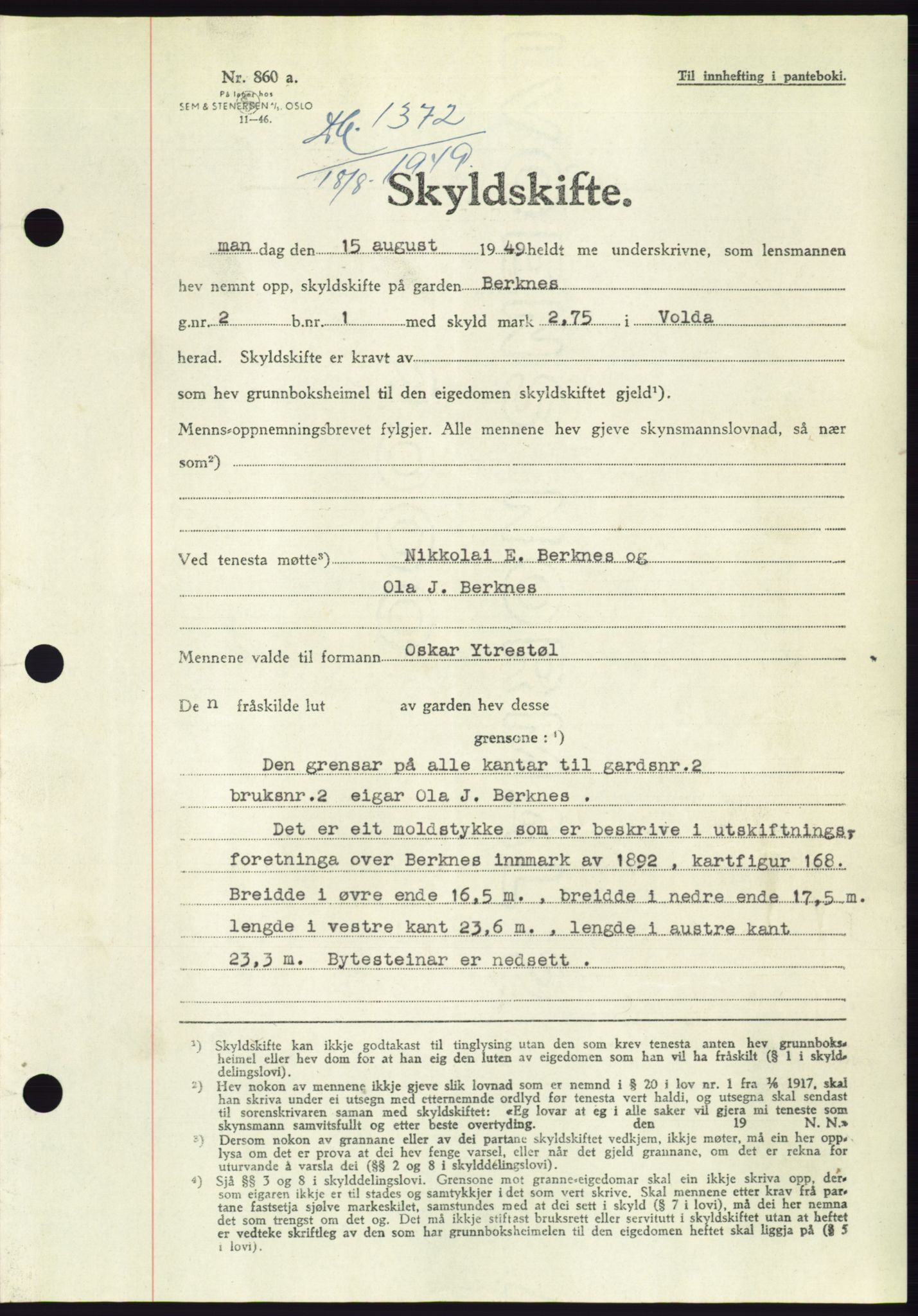 Søre Sunnmøre sorenskriveri, AV/SAT-A-4122/1/2/2C/L0085: Mortgage book no. 11A, 1949-1949, Diary no: : 1372/1949