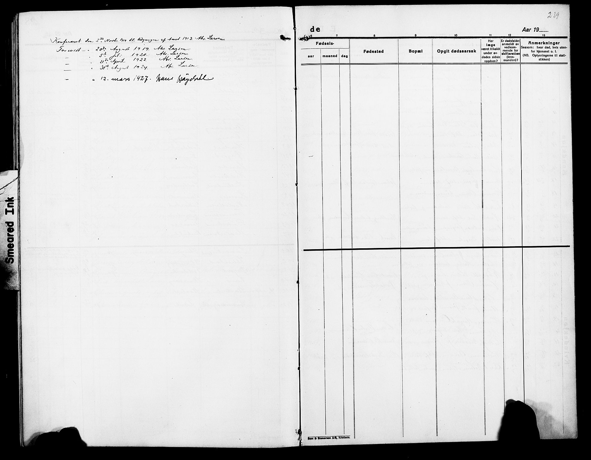 Lenvik sokneprestembete, SATØ/S-1310/H/Ha/Hab/L0009klokker: Parish register (copy) no. 9, 1912-1926, p. 239
