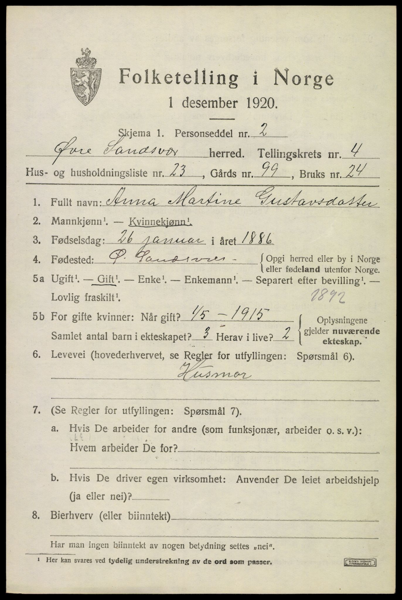 SAKO, 1920 census for Øvre Sandsvær, 1920, p. 2824