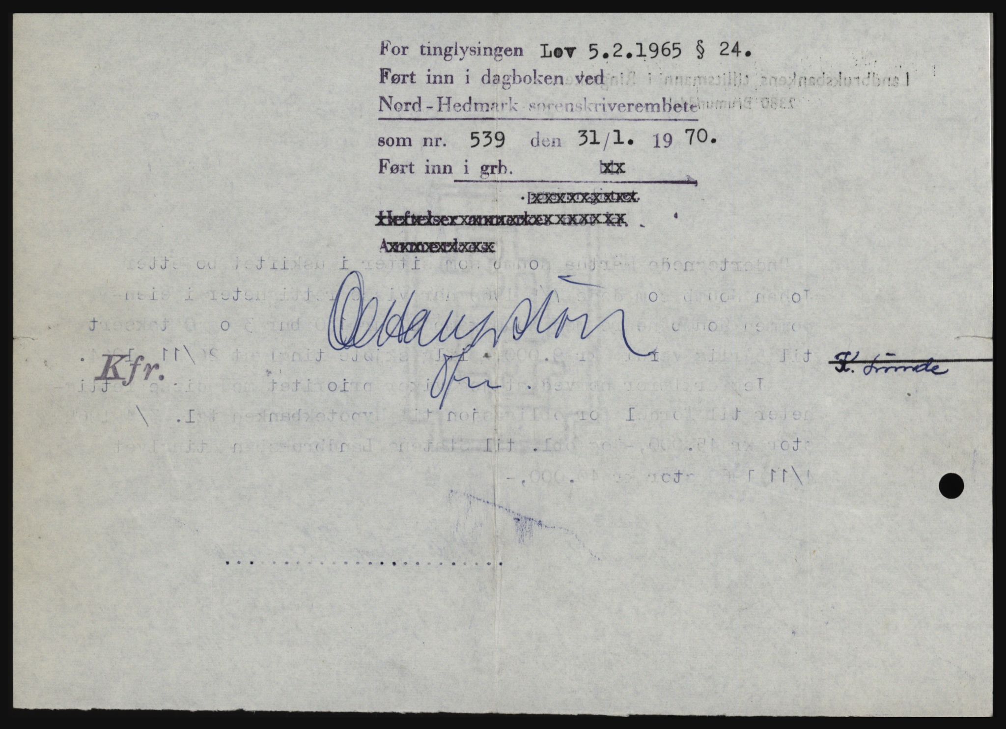 Nord-Hedmark sorenskriveri, SAH/TING-012/H/Hc/L0033: Mortgage book no. 33, 1970-1970, Diary no: : 539/1970