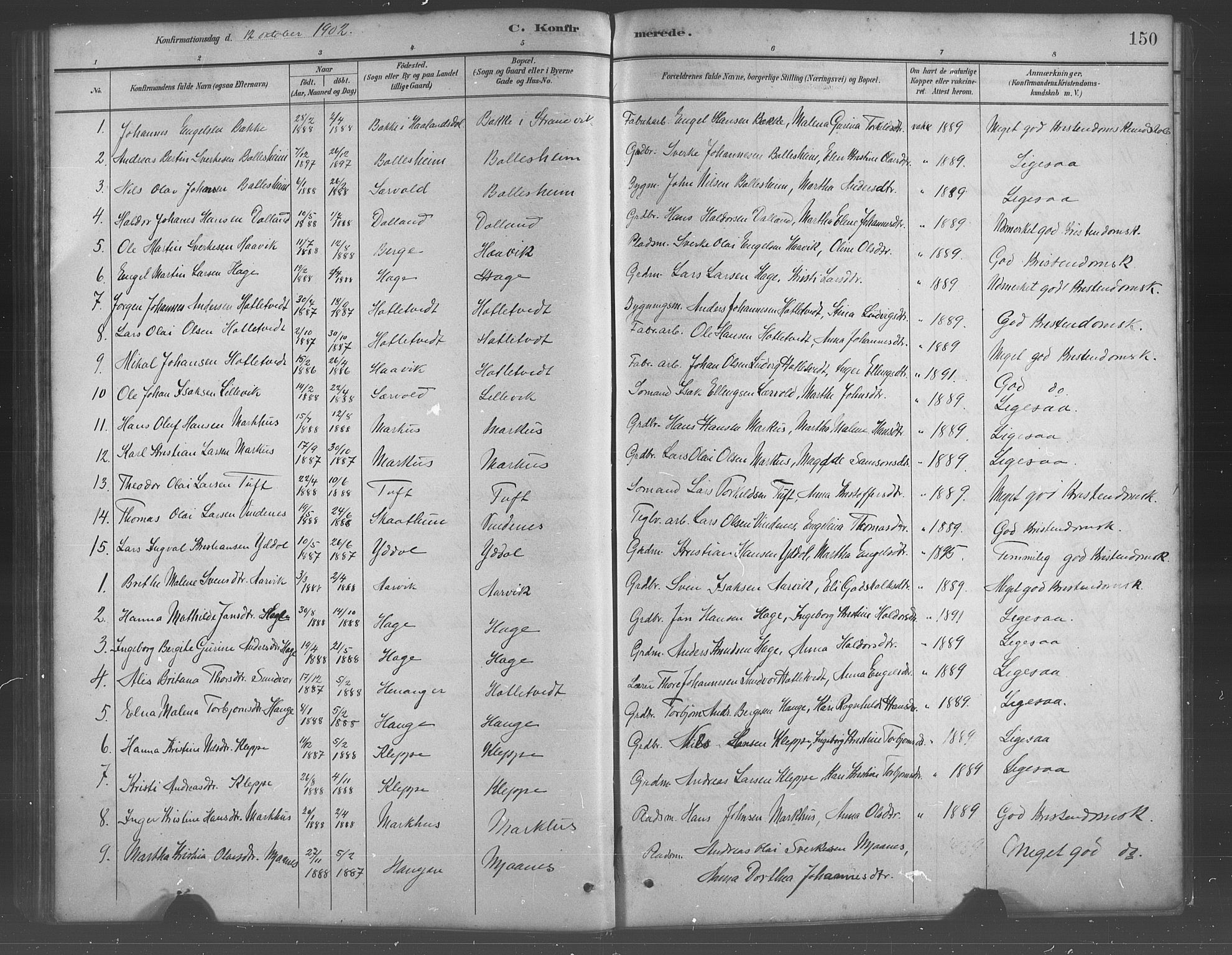 Fusa sokneprestembete, SAB/A-75401/H/Hab: Parish register (copy) no. C 2, 1886-1926, p. 150