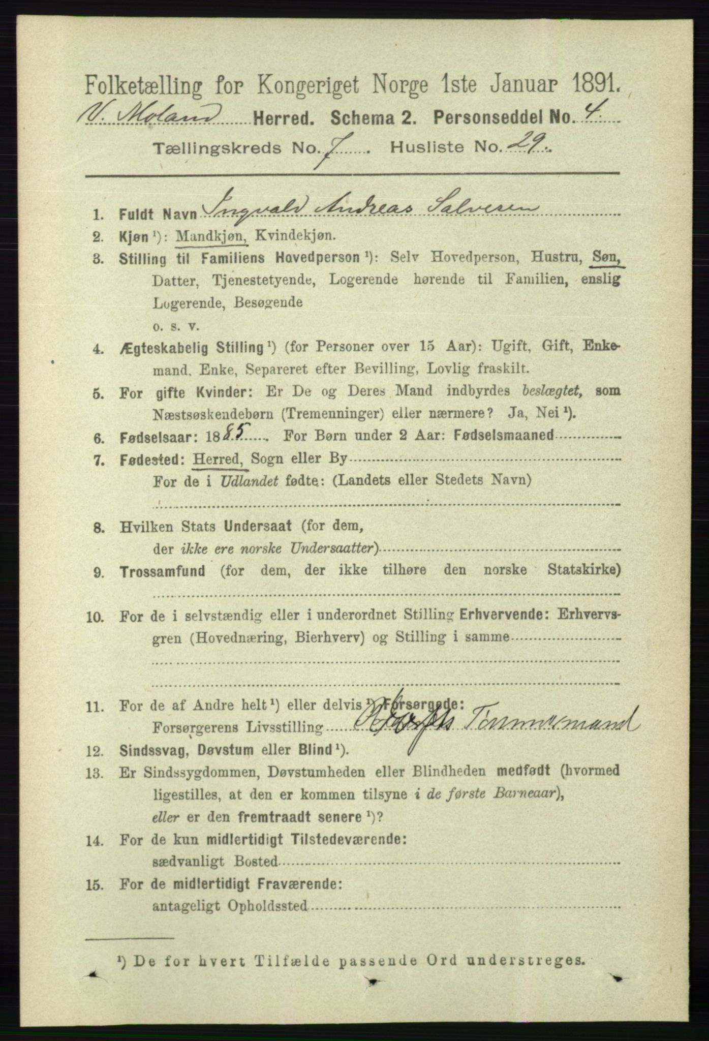 RA, 1891 census for 0926 Vestre Moland, 1891, p. 2925