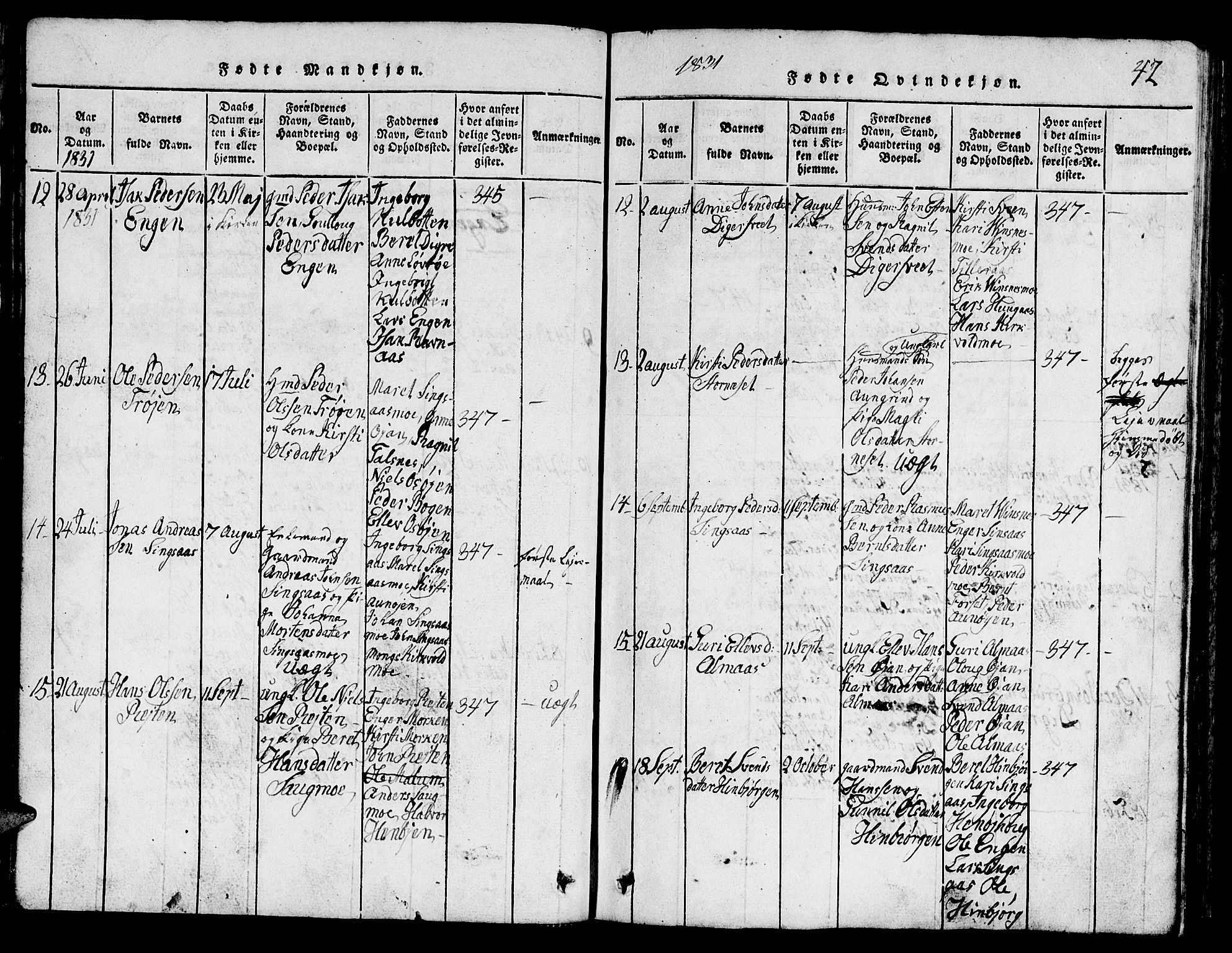 Ministerialprotokoller, klokkerbøker og fødselsregistre - Sør-Trøndelag, SAT/A-1456/688/L1026: Parish register (copy) no. 688C01, 1817-1860, p. 42