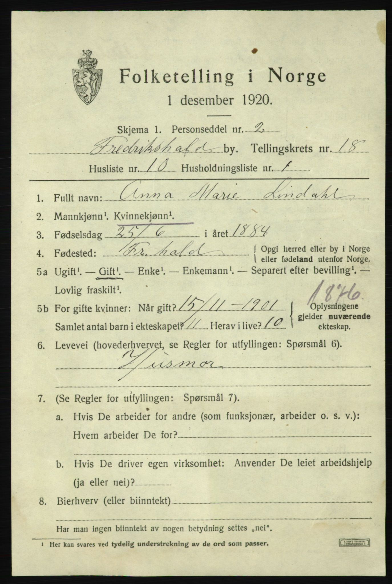 SAO, 1920 census for Fredrikshald, 1920, p. 27297