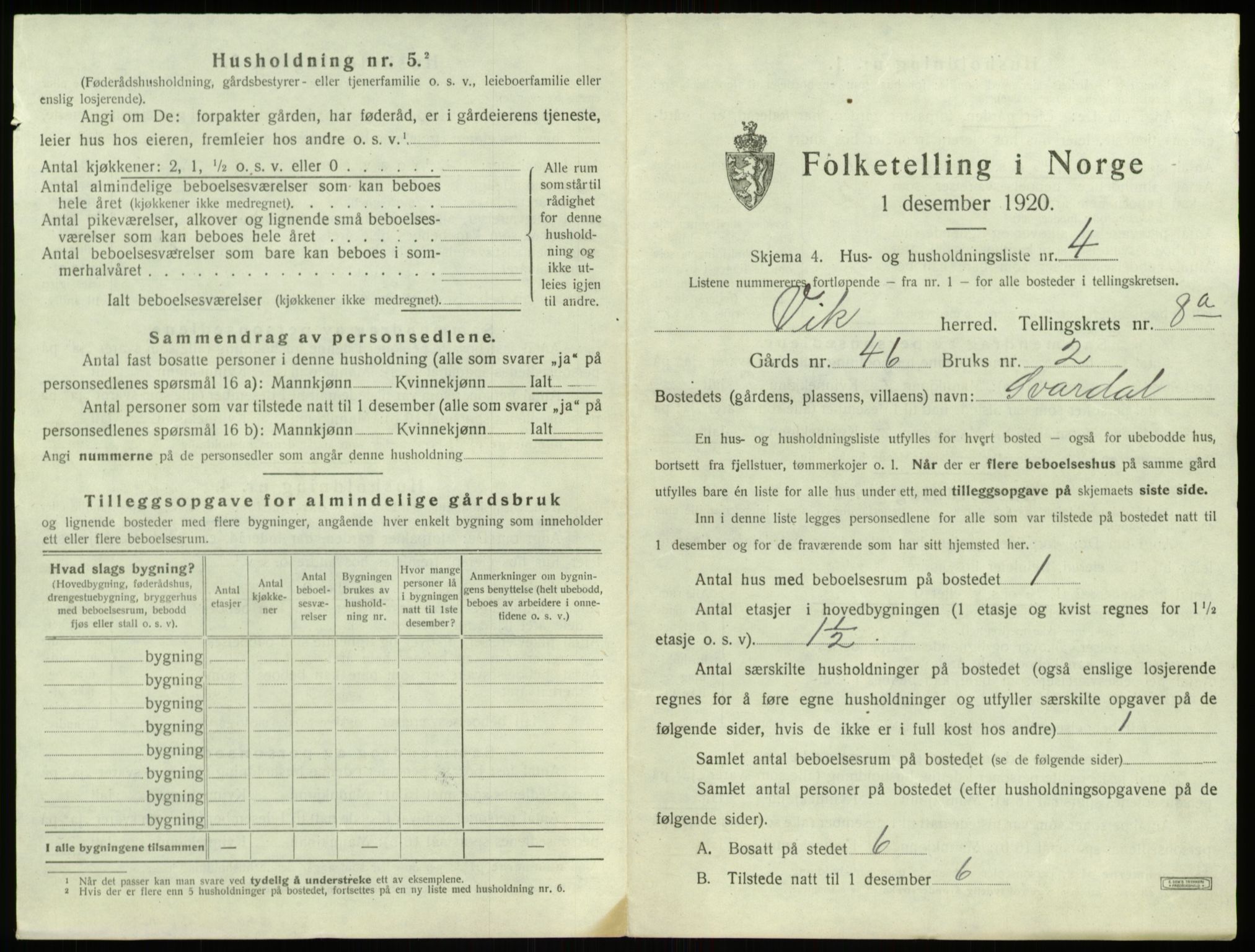 SAB, 1920 census for Vik, 1920, p. 886