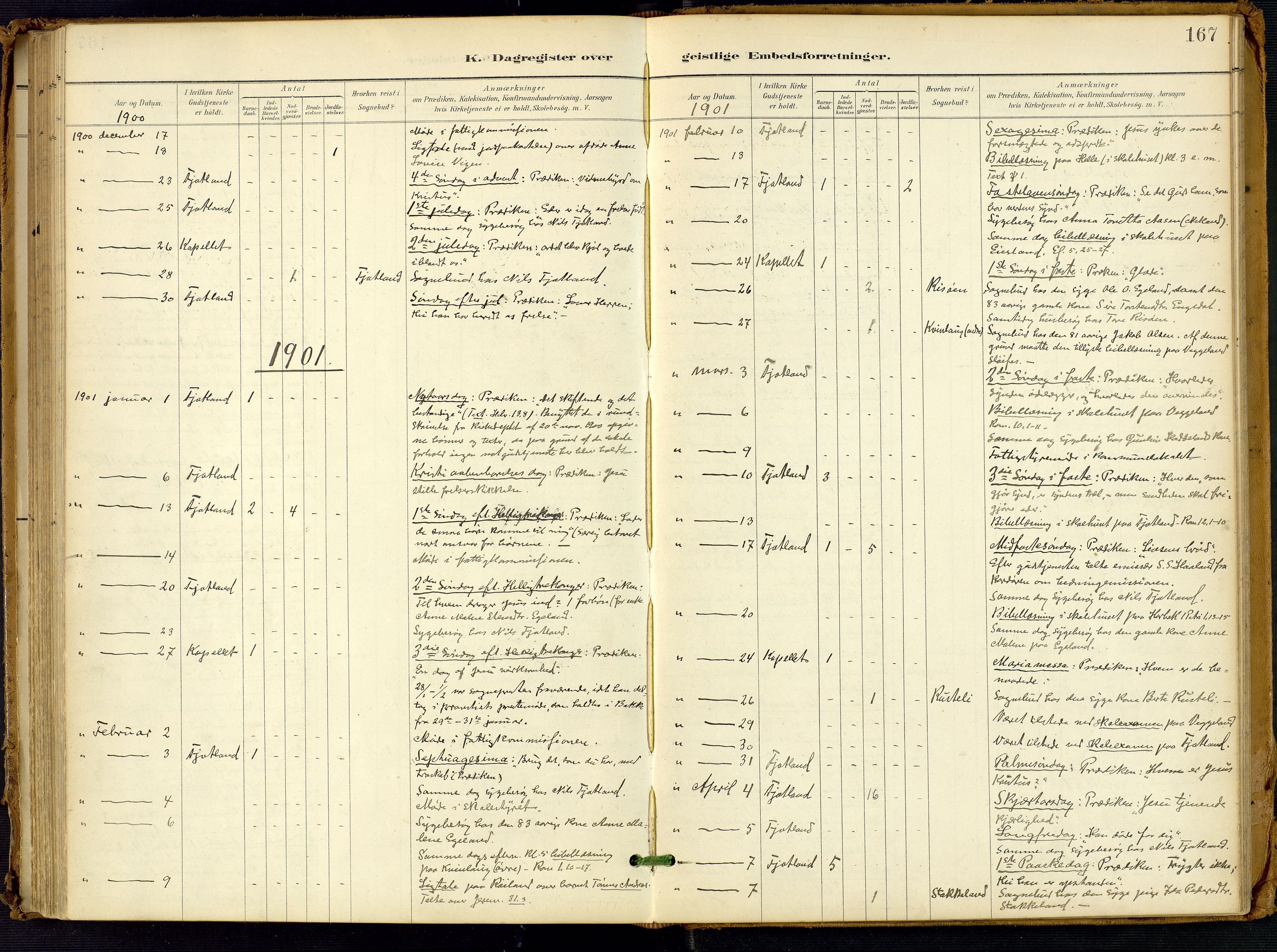 Fjotland sokneprestkontor, SAK/1111-0010/F/Fa/L0003: Parish register (official) no. A 3, 1899-1917, p. 167