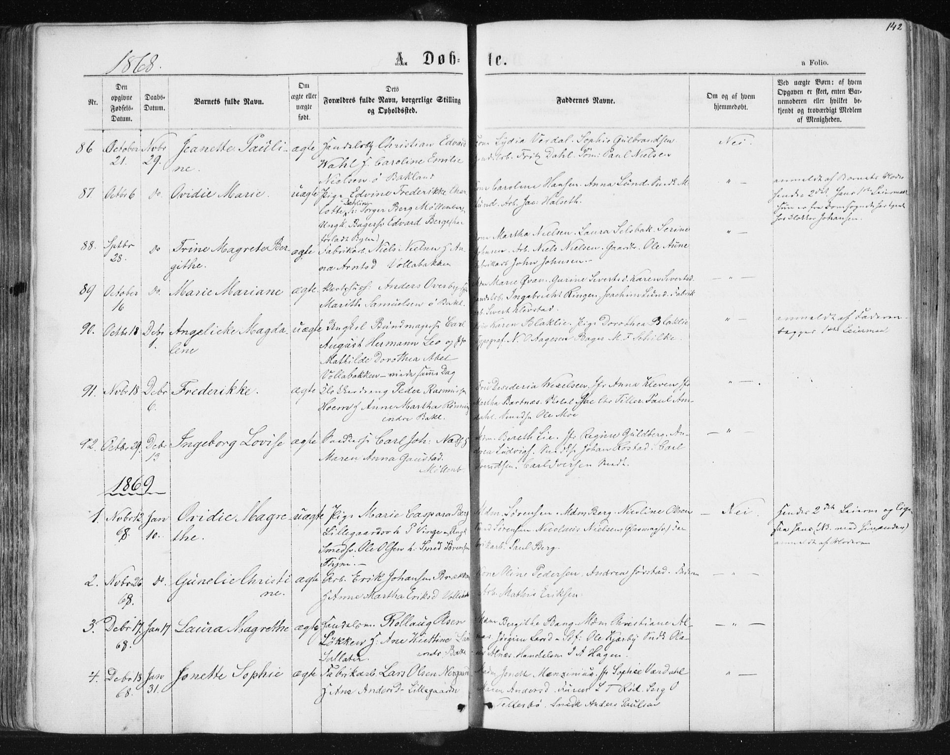 Ministerialprotokoller, klokkerbøker og fødselsregistre - Sør-Trøndelag, SAT/A-1456/604/L0186: Parish register (official) no. 604A07, 1866-1877, p. 142