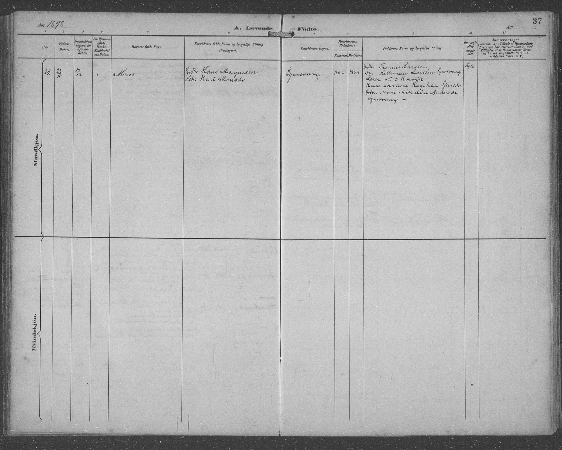 Lindås Sokneprestembete, SAB/A-76701/H/Hab: Parish register (copy) no. C 4, 1894-1910, p. 37