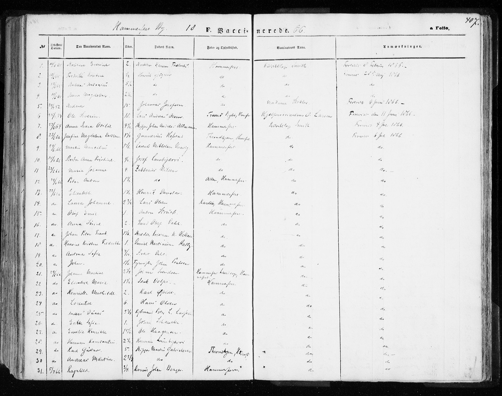 Hammerfest sokneprestkontor, AV/SATØ-S-1347/H/Ha/L0005.kirke: Parish register (official) no. 5, 1857-1869, p. 407