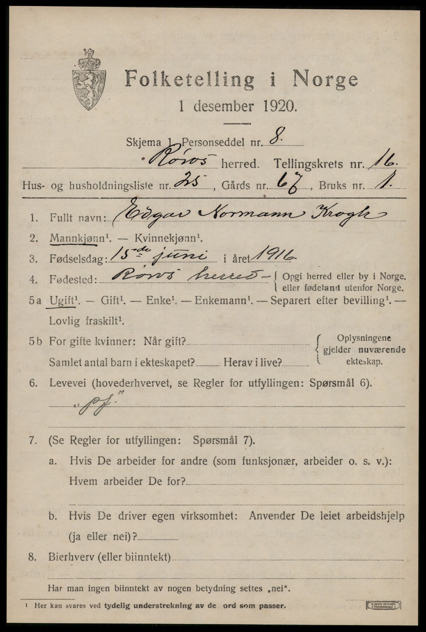 SAT, 1920 census for Røros, 1920, p. 11312