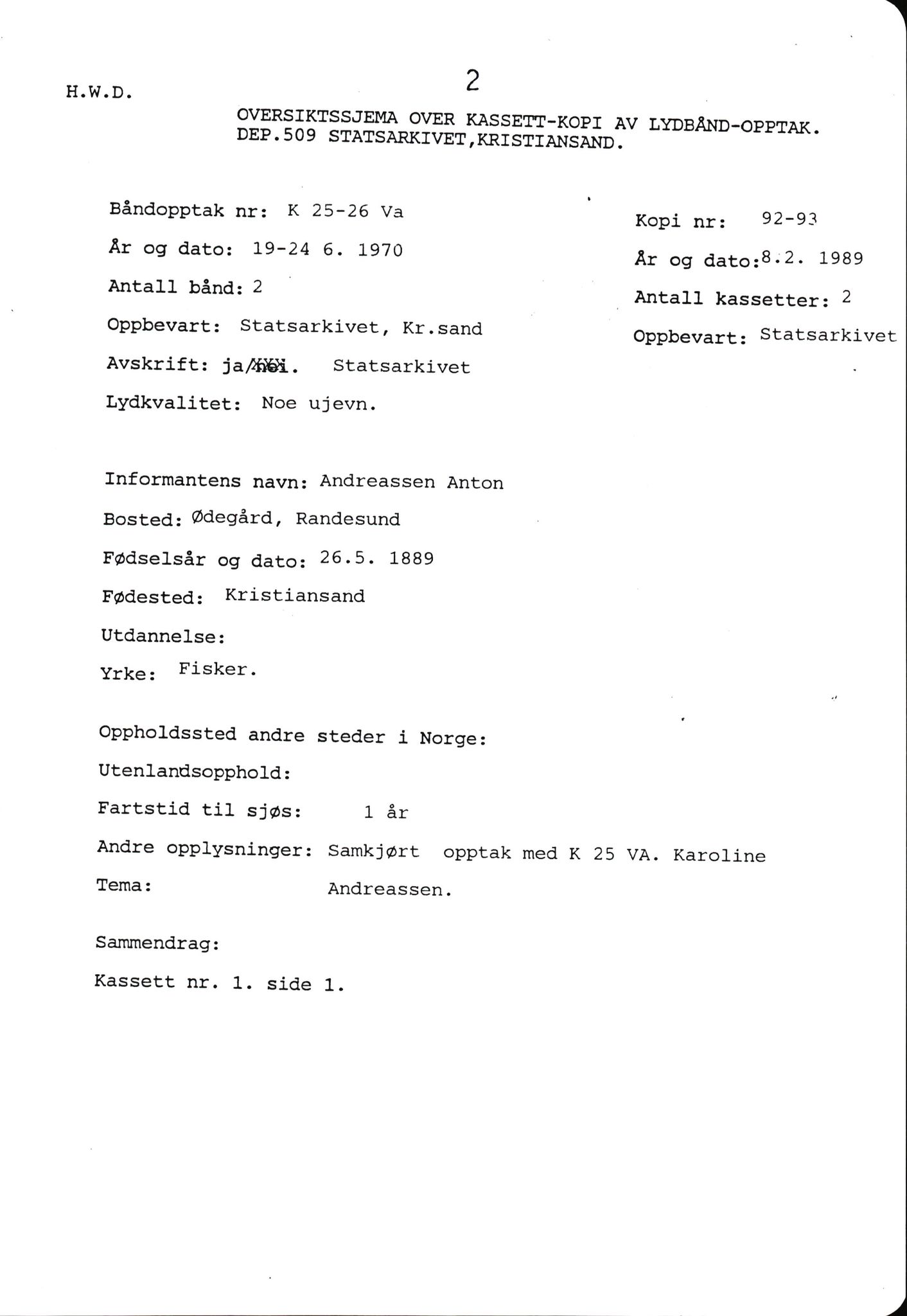 Hartvig W. Dannevig, AV/SAK-D/0508/F/Fb/L0012C: Katalog og sammendrag over Hartvig Dannevigs samling av intervjuer om kystkultur på Agder, 1964-1972, p. 2