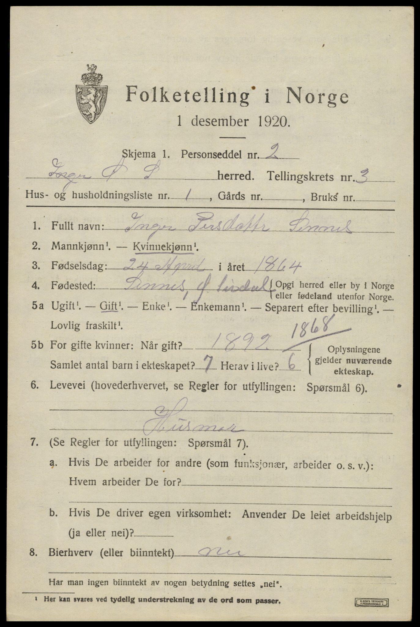 SAK, 1920 census for Øvre Sirdal, 1920, p. 535