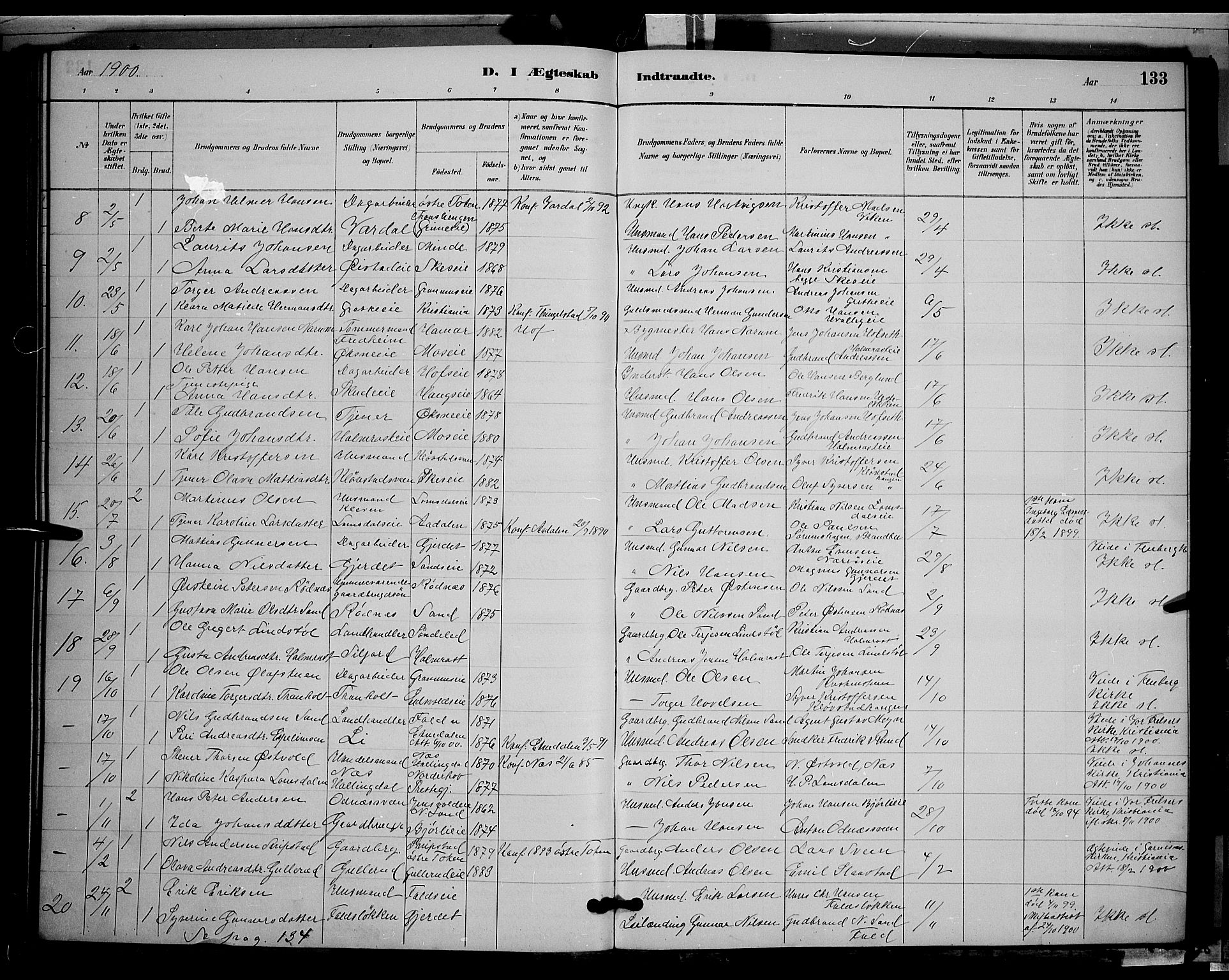 Søndre Land prestekontor, AV/SAH-PREST-122/L/L0002: Parish register (copy) no. 2, 1884-1900, p. 133