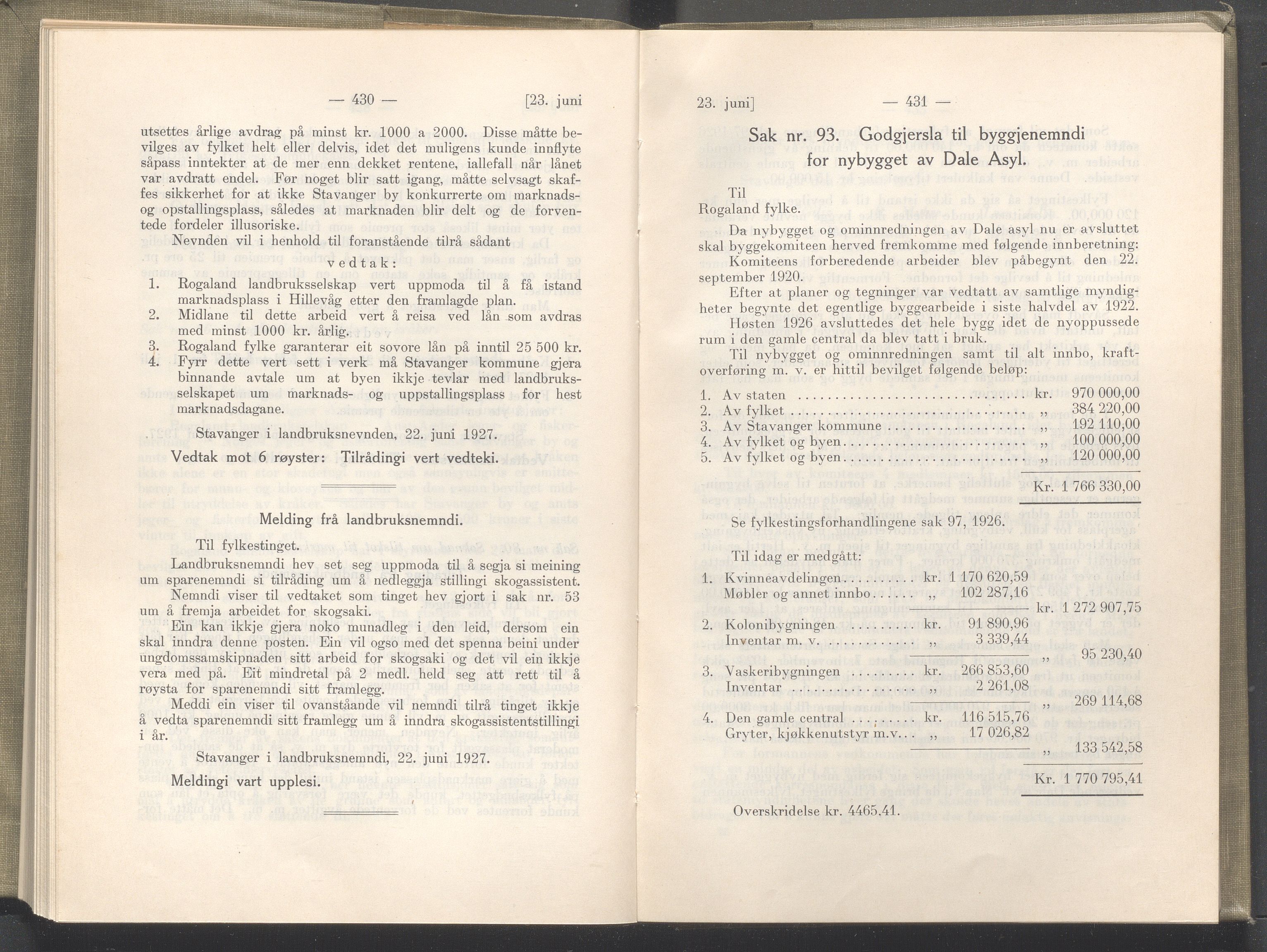 Rogaland fylkeskommune - Fylkesrådmannen , IKAR/A-900/A/Aa/Aaa/L0046: Møtebok , 1927, p. 430-431