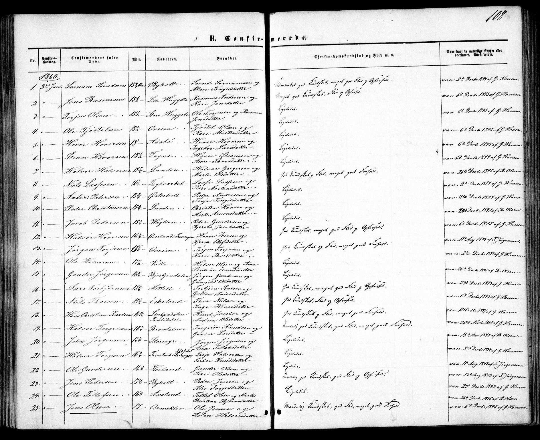 Gjerstad sokneprestkontor, AV/SAK-1111-0014/F/Fa/Faa/L0007: Parish register (official) no. A 7, 1858-1875, p. 108